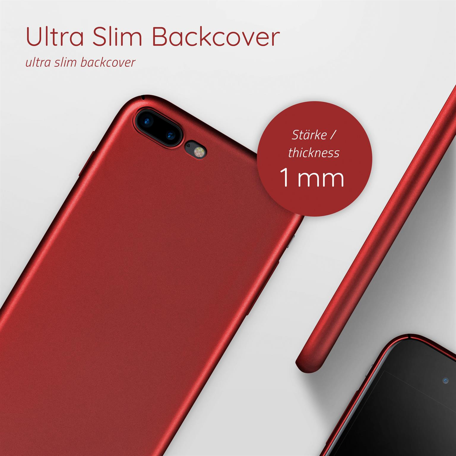 Rote Handyhülle mit 1 mm Dicke, ein weiteres rotes Telefon und ein schwarzes Telefon mit Bild auf dem Bildschirm.