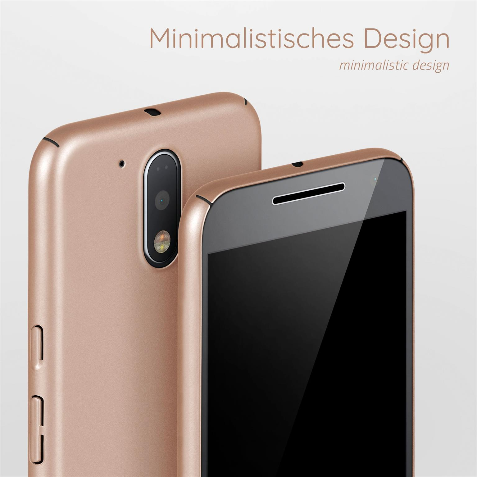 Zwei roségoldene Telefone; eines zeigt die Rückseite, das andere die Vorderseite. Das vordere ist fokussiert.