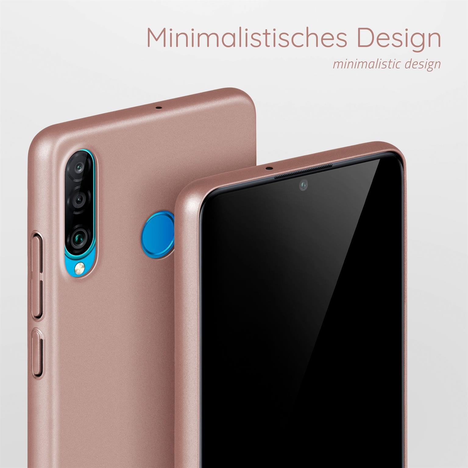 Zwei Telefone, eines mit Hülle. Beide sind roségold. Ein Telefon hat einen blauen Kreis, das andere schwarz.