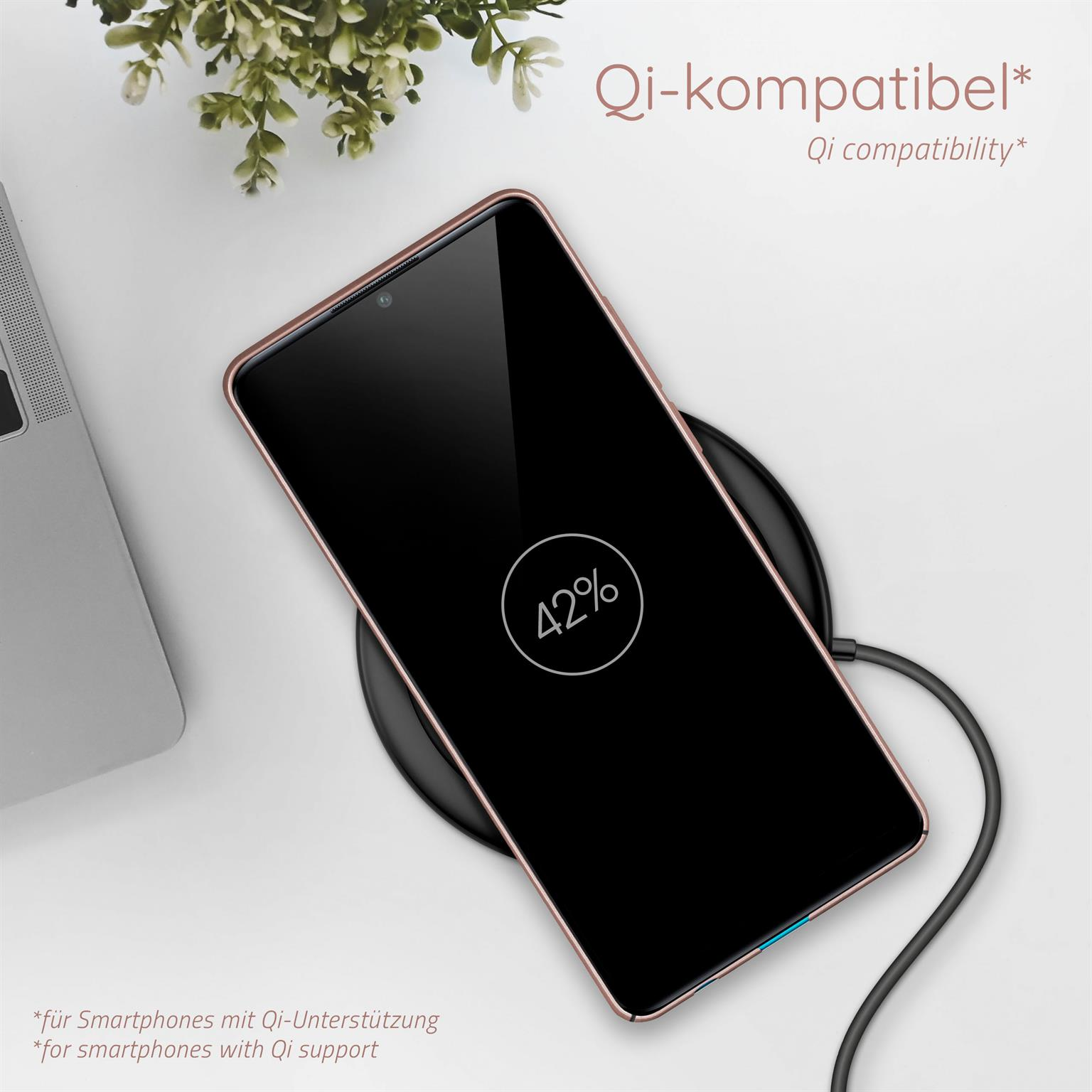 Telefon auf kabellosem Ladegerät, lädt mit 42%. Weißer Hintergrund, Pflanze.