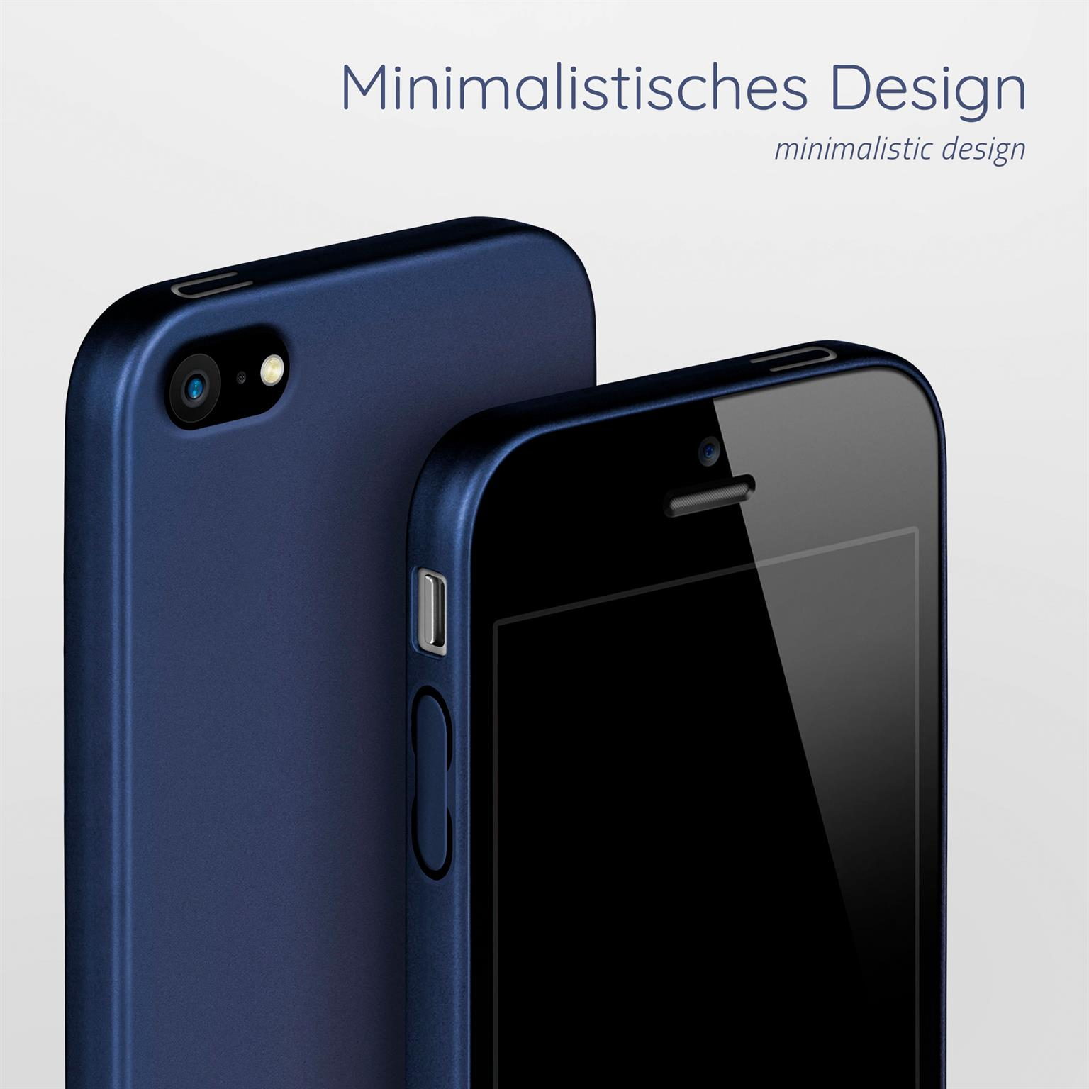 Zwei blaue Handyhüllen, eine vorne und eine hinten, auf weißem Hintergrund. Die Telefone sind dunkelblau.