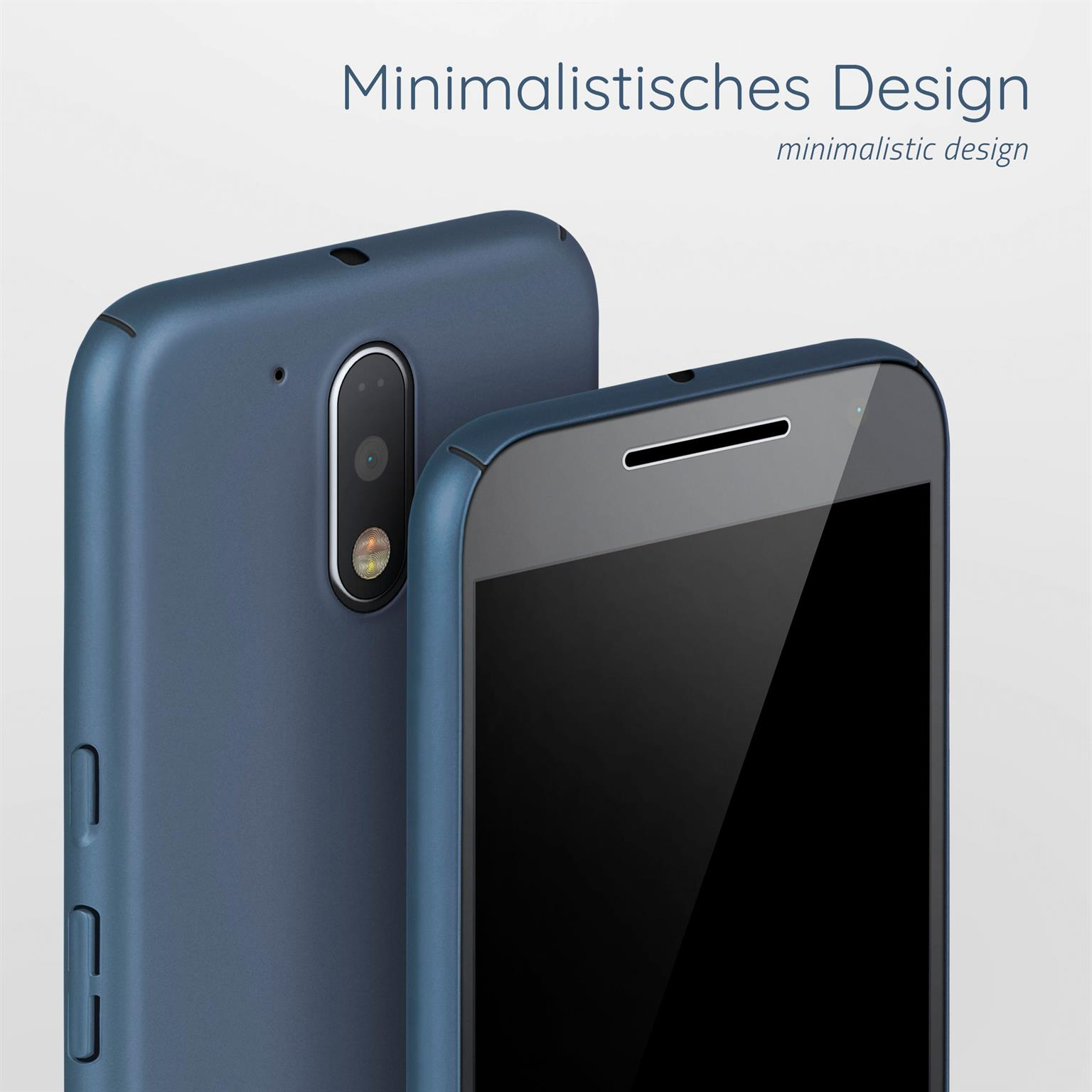 Zwei blaue Handyhüllen werden angezeigt. Text: Minimalistisches Design.