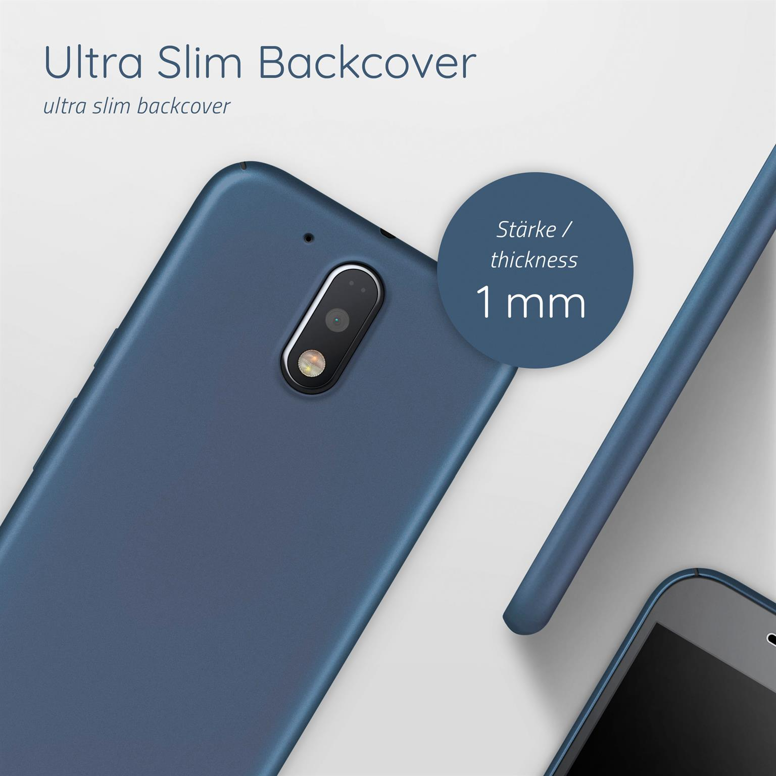 Blaue Handy-Rückseite. Text: Ultra Slim Backcover, 1 mm Dicke.