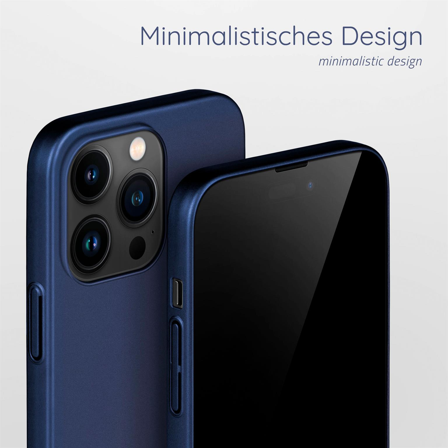 Telefon in marineblauer Hülle. Text sagt 'minimalistisches Design'. Die Hülle bedeckt die Seiten des Telefons.