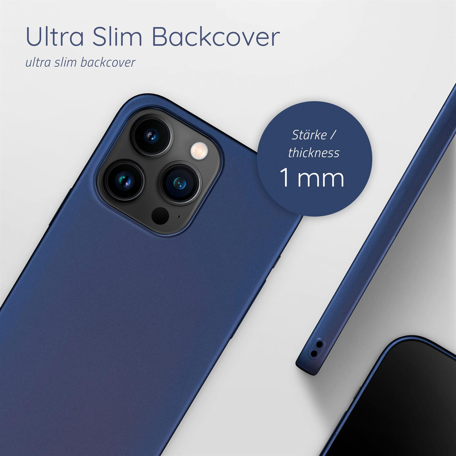 Blaue Handyhülle, Nahaufnahme. Text: Ultra Slim Backcover, 1 mm Dicke.