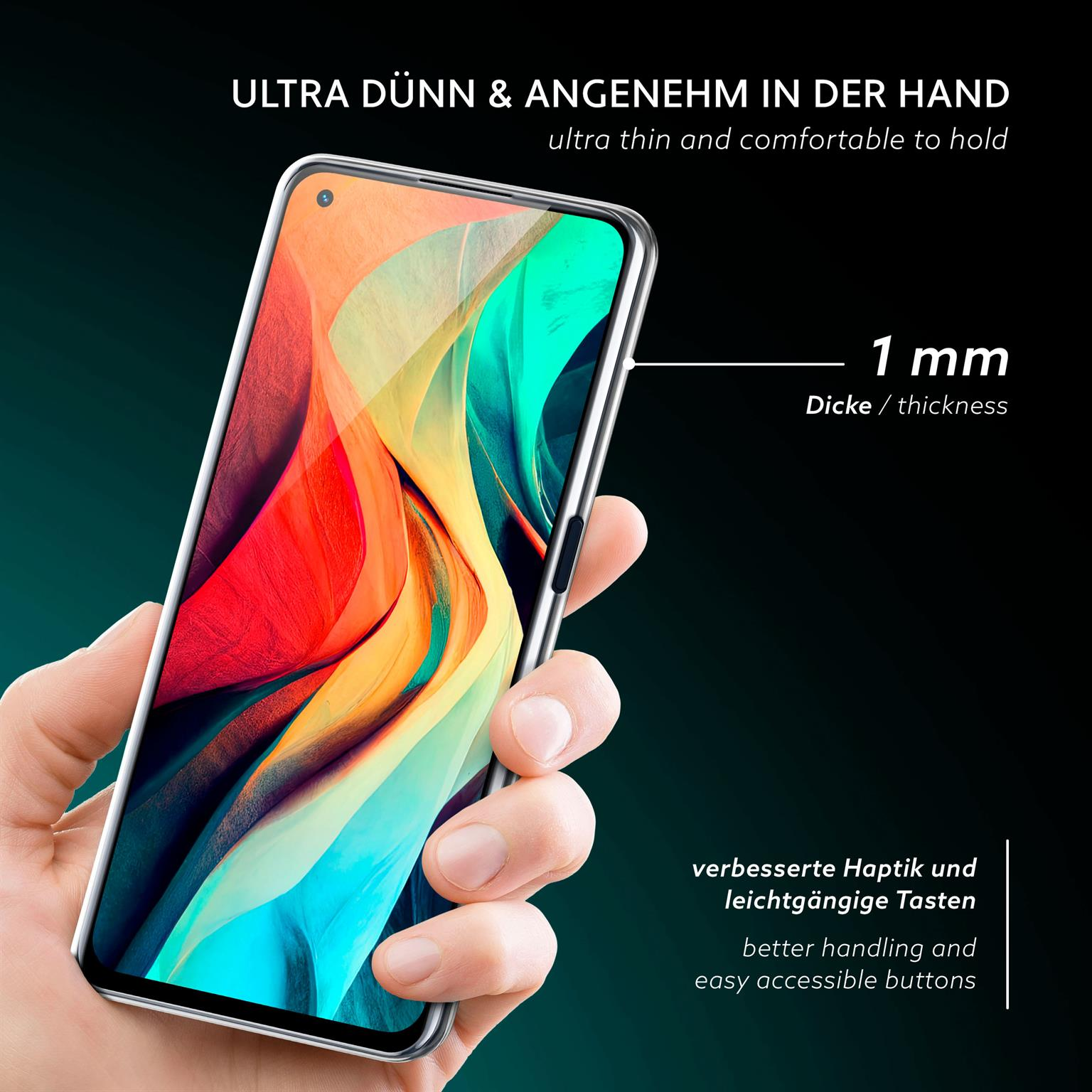 Hand hält Telefon in transparenter Hülle. Dunkler Hintergrund, Text: ULTRA DÜNN & ANGEN...