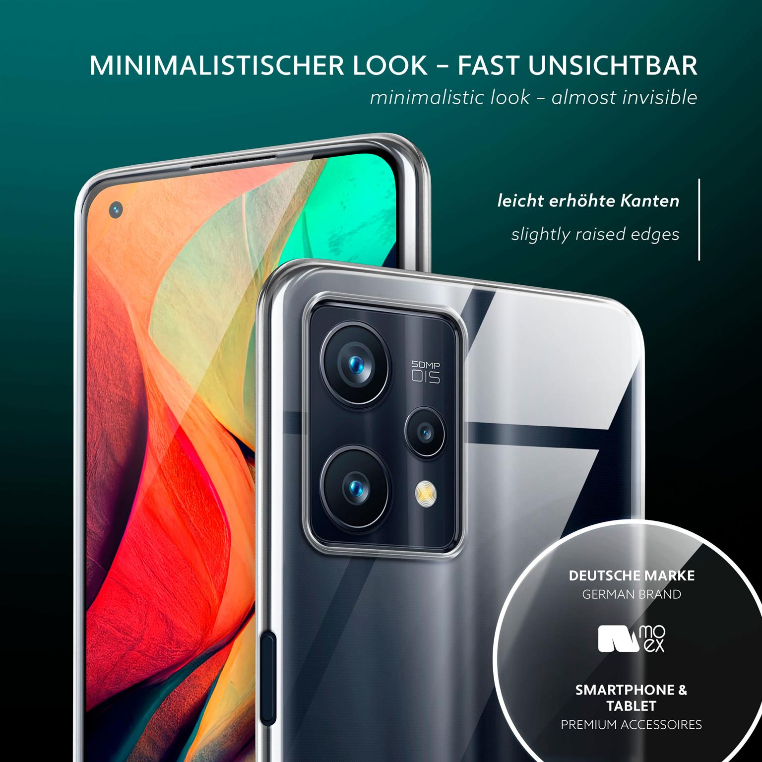 Eine transparente Handyhülle auf einem Telefon. Die Hülle hat einen erhöhten Rand und ein schlankes Design.