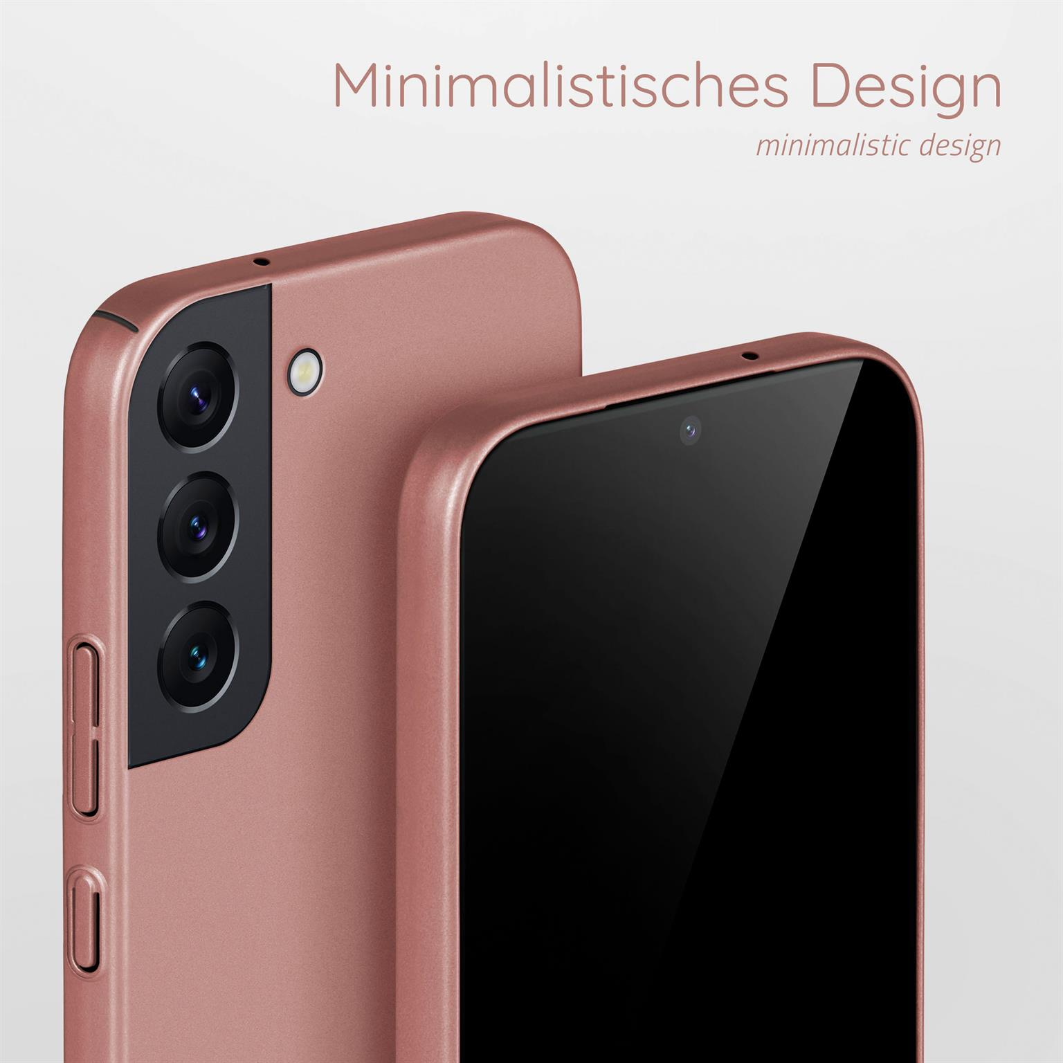 Zwei roségoldene Handys. Das Design ist minimalistisch. Das Handy hat eine Kamera.