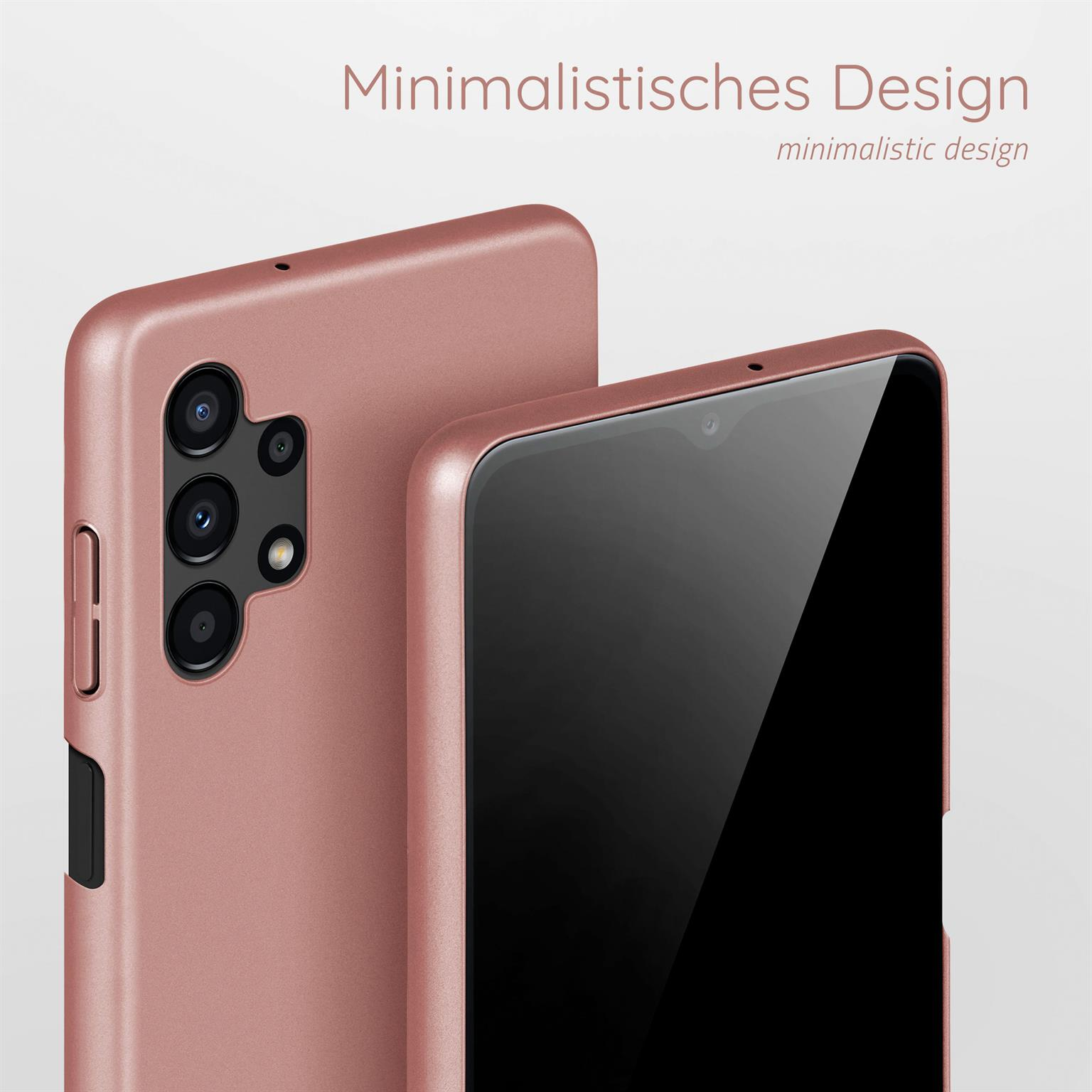 Zwei Handyhüllen, eine mit Telefon, sind in Rosarot mit dem Text 'Minimalistisches Design' dargestellt.