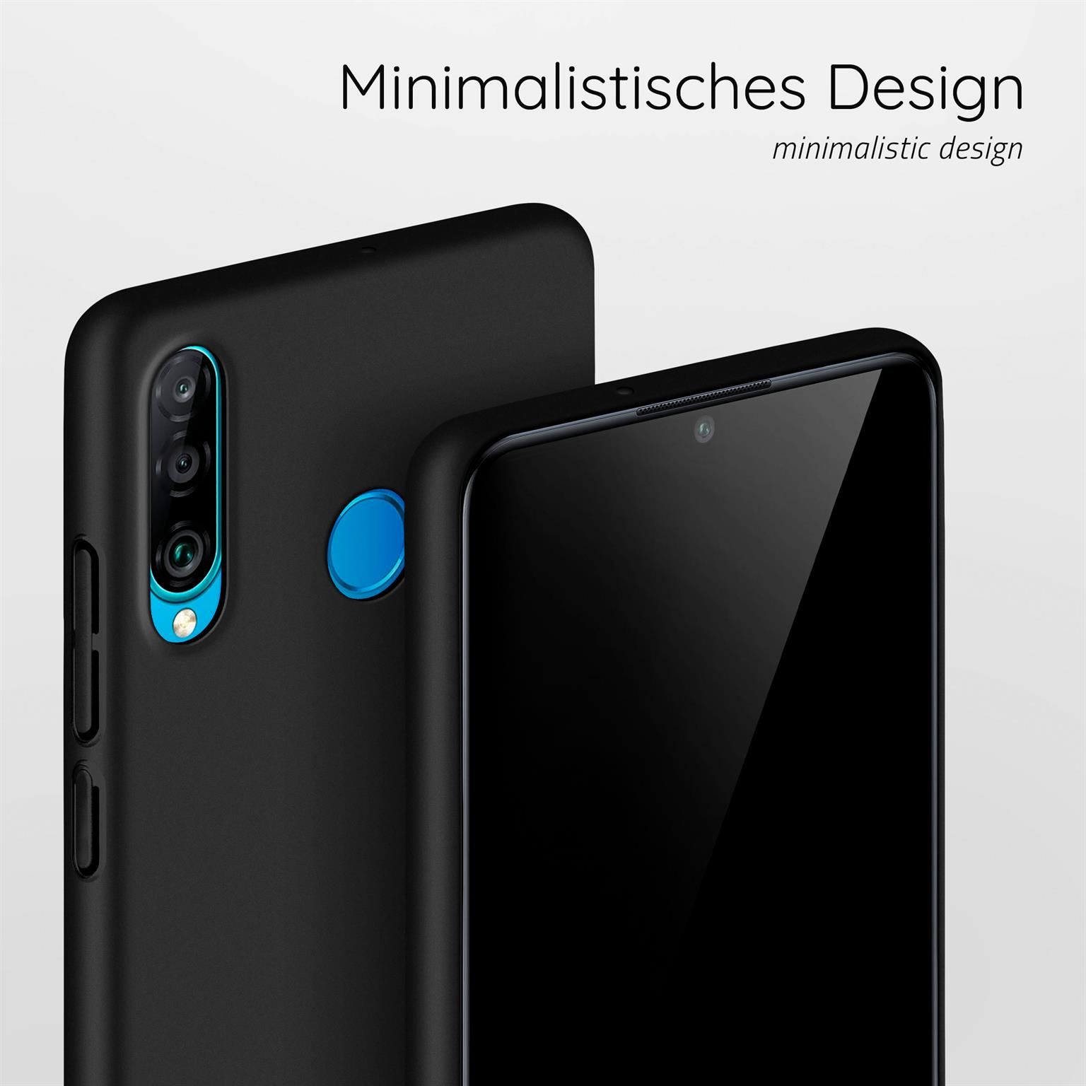 Zwei schwarze Telefone, eines in einer Hülle, auf weißer Oberfläche. Die Hülle hat einen blauen Akzent. Minimalistisches Design.