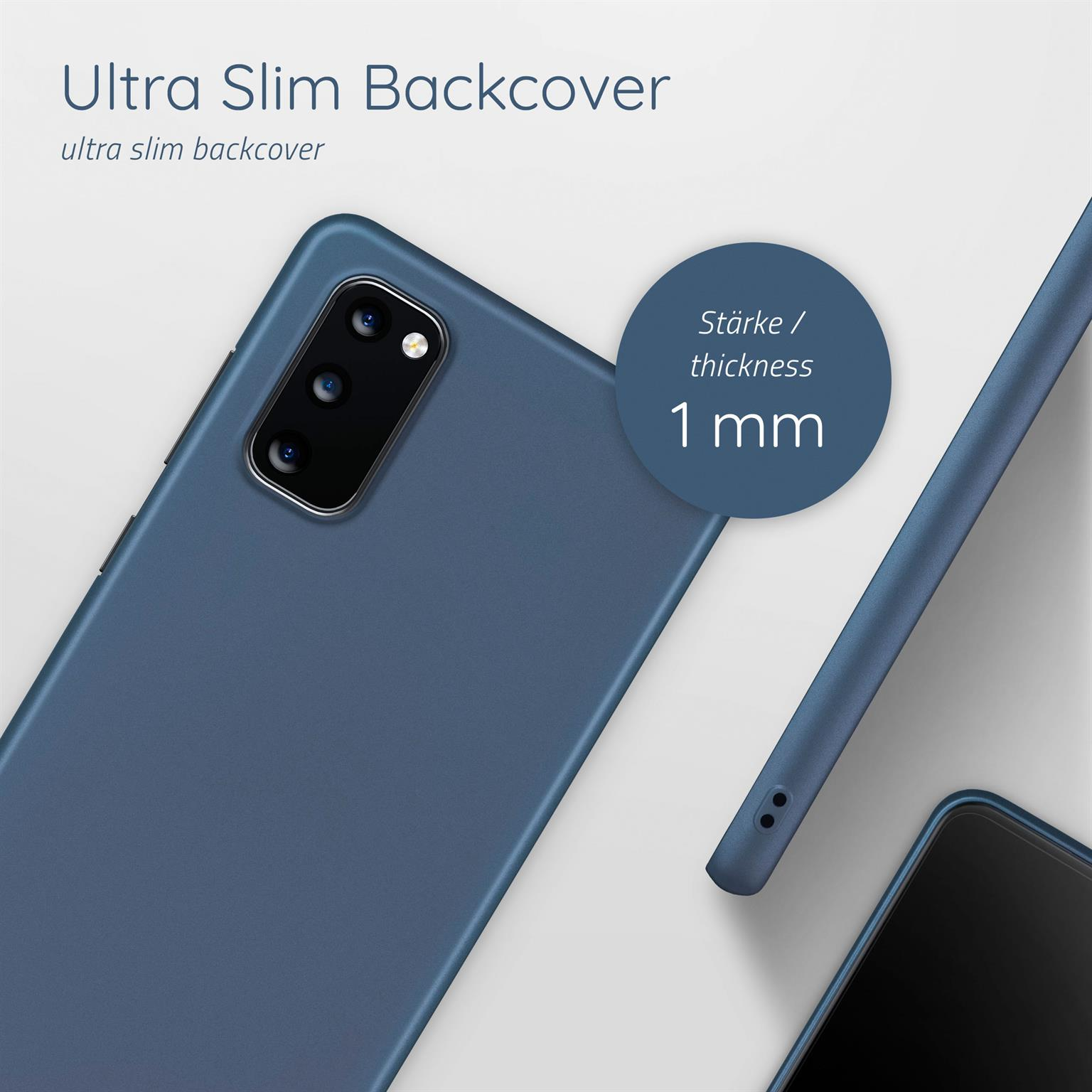 Blaue Handyhülle, 1 mm Dicke, auf weißer Oberfläche. Text: Ultra Slim Backcover.