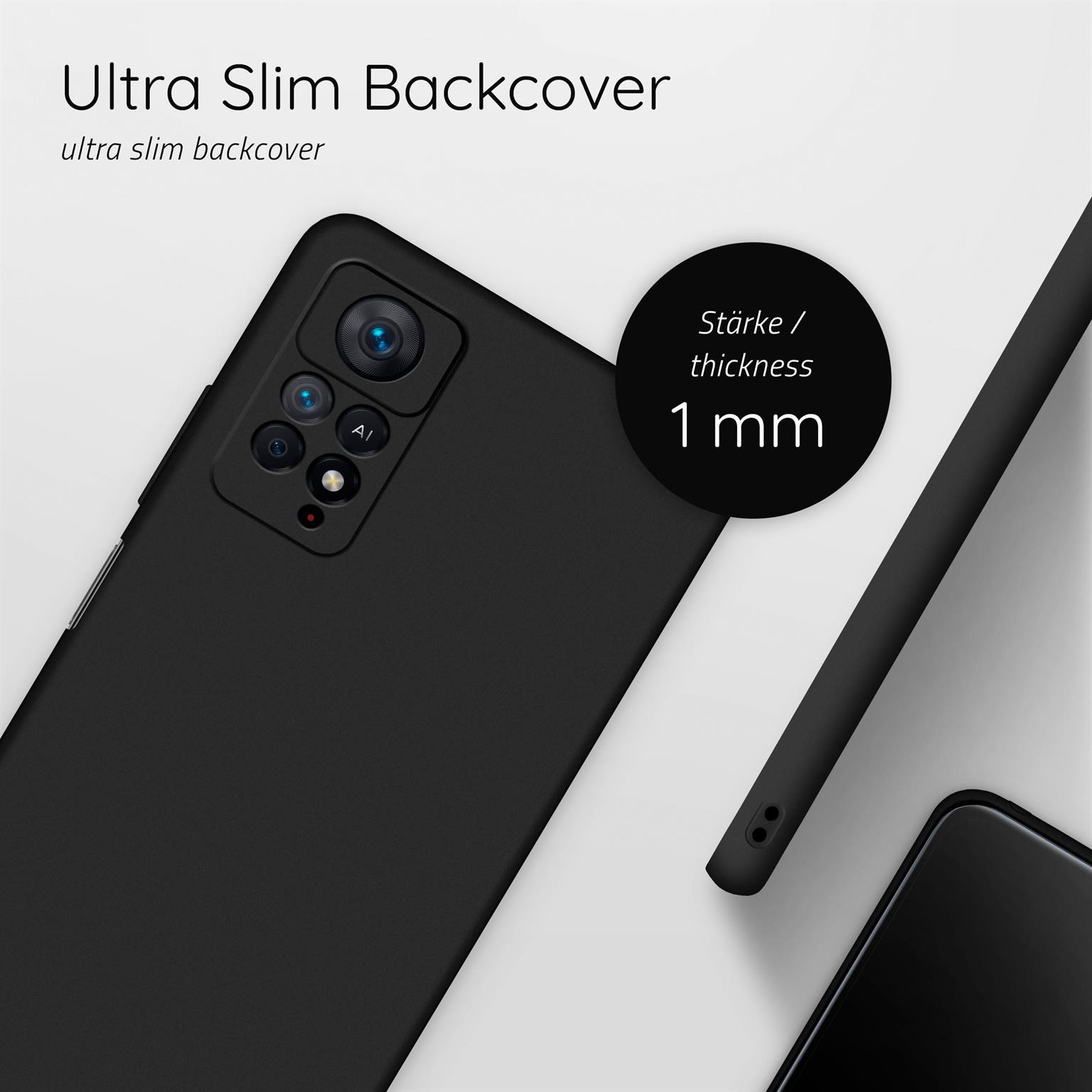 Schwarze Handyhülle auf weißer Oberfläche. Text: Ultra Slim Backcover. Dicke 1 mm.
