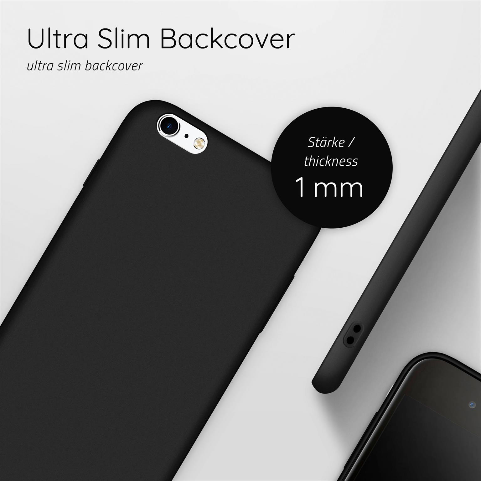 Schwarze Handyhülle mit schwarzem Telefon. Dicke 1mm. Ultra schlanke Rückseite. Schwarze Handyhülle mit Kameraausschnitt.