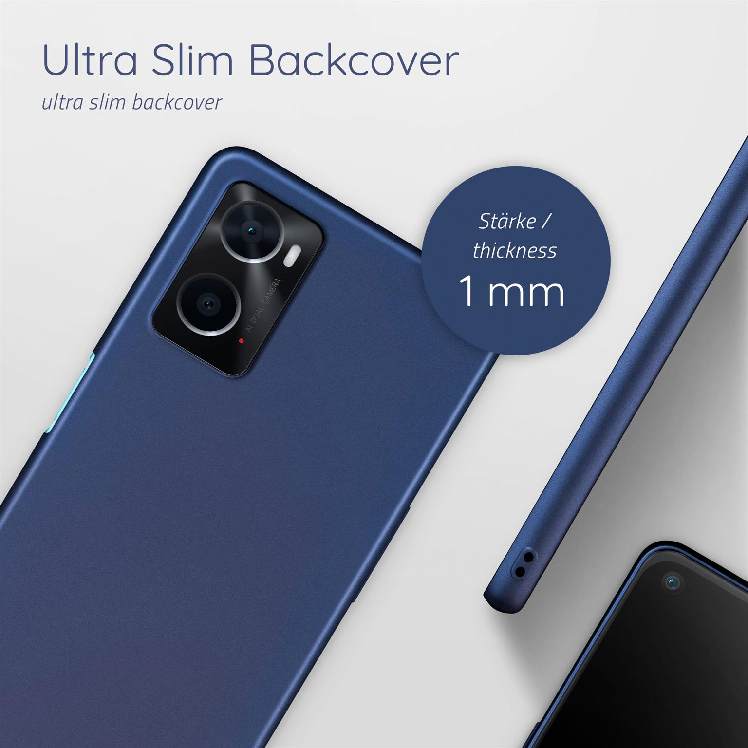 Telefon mit blauer Hülle. Text: Ultra Slim Backcover. Dicke: 1 mm.