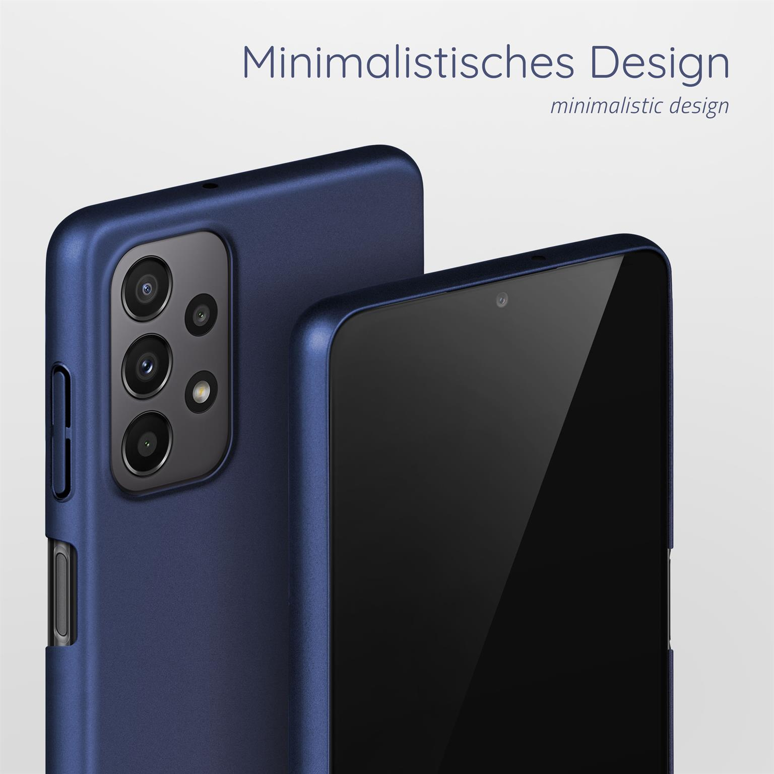 Zwei Telefone mit blauer Hülle, eines zeigt die Kamera, das andere die Seite.
