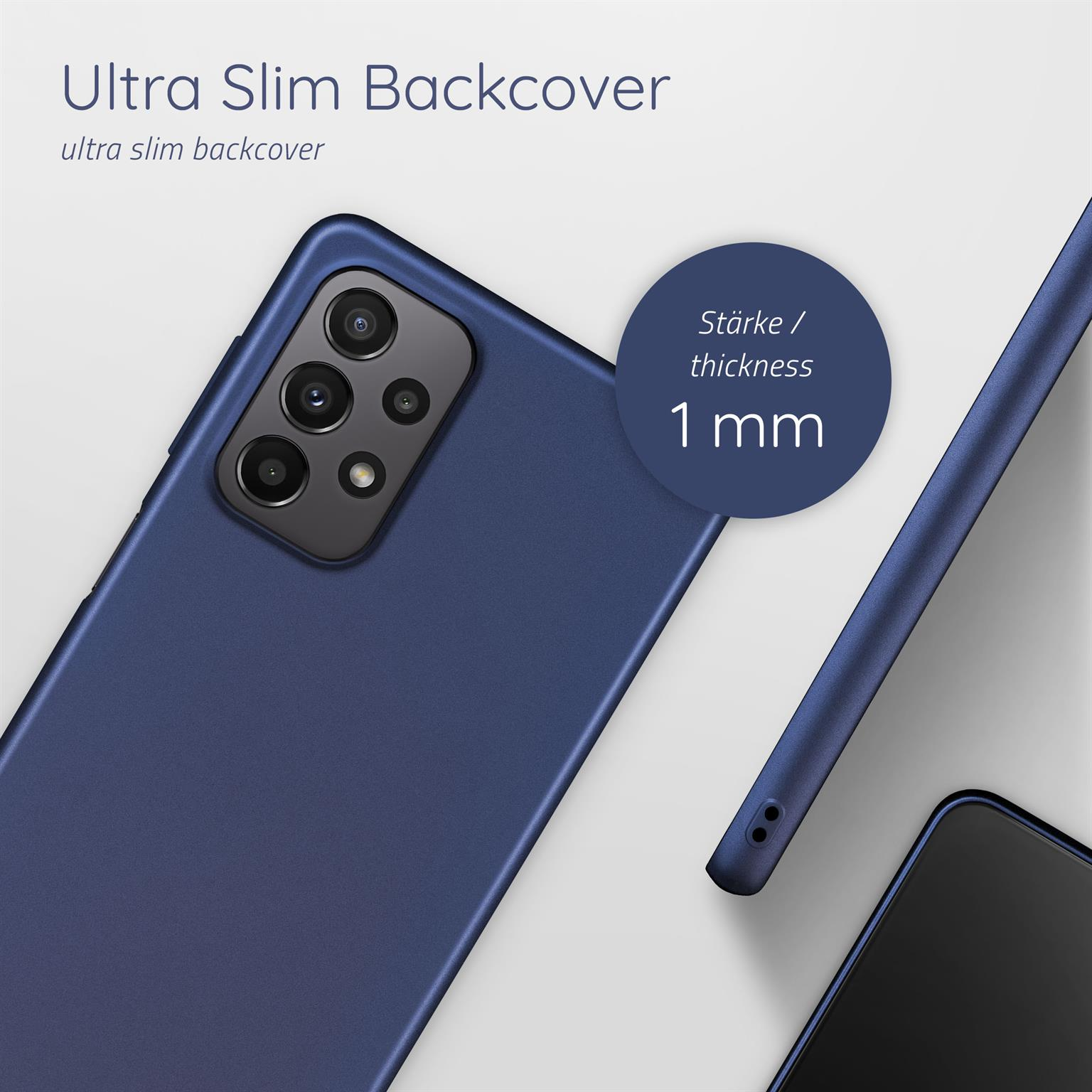 Blaue Handyhülle. 1 mm Dicke wird hervorgehoben. Ein Telefon ist teilweise sichtbar.