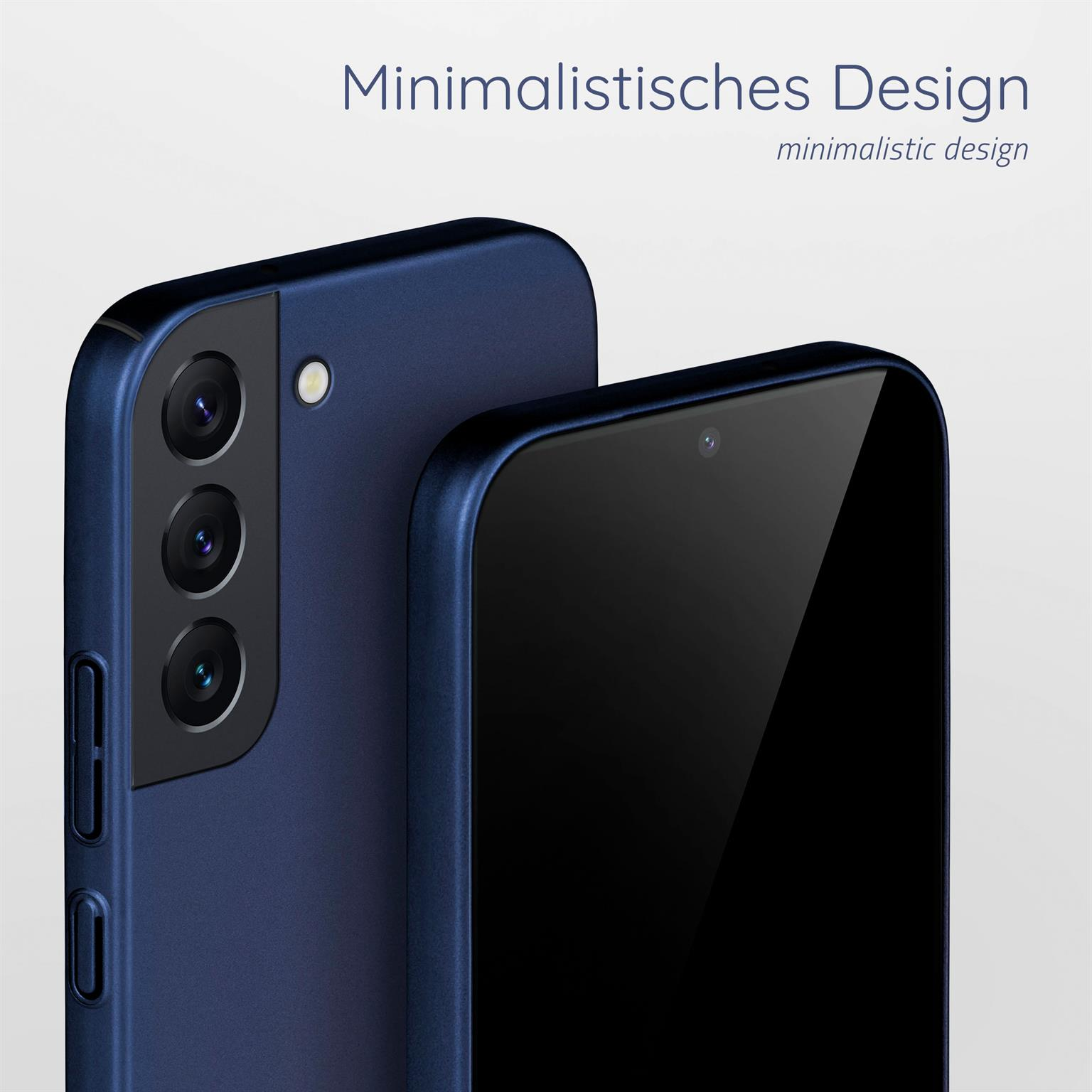 Ein blaues Telefon mit Hülle, zeigt die Rückansicht.
