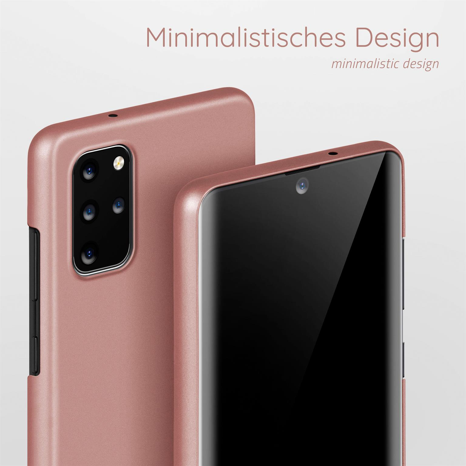 Ein Telefon in einer roségoldenen Hülle neben einer passenden Hülle. Der Bildschirm ist schwarz.