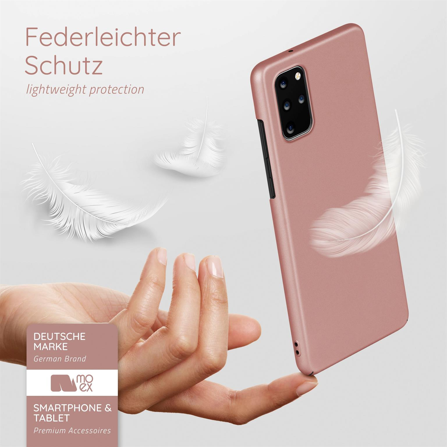 Eine roségoldene Handyhülle mit Telefon, drei weiße Federn im Hintergrund und Text.
