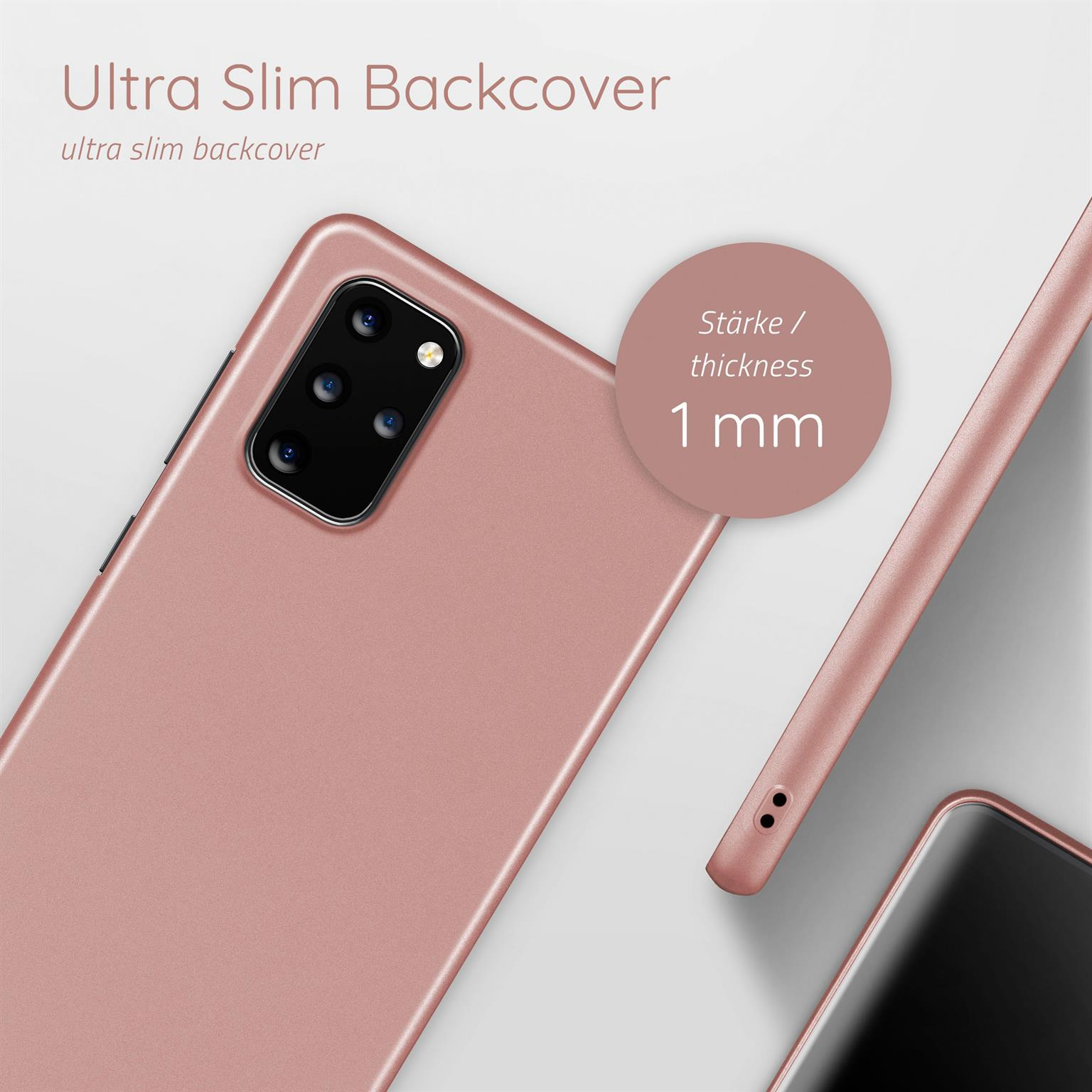 Rückseite des roségoldenen Telefons mit Dickenanzeige.