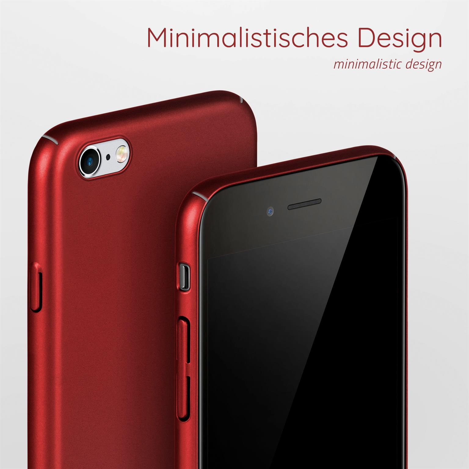Rote Handyhülle auf weißem Hintergrund. Minimalistisches Design, Kamera und Seitentasten sichtbar.