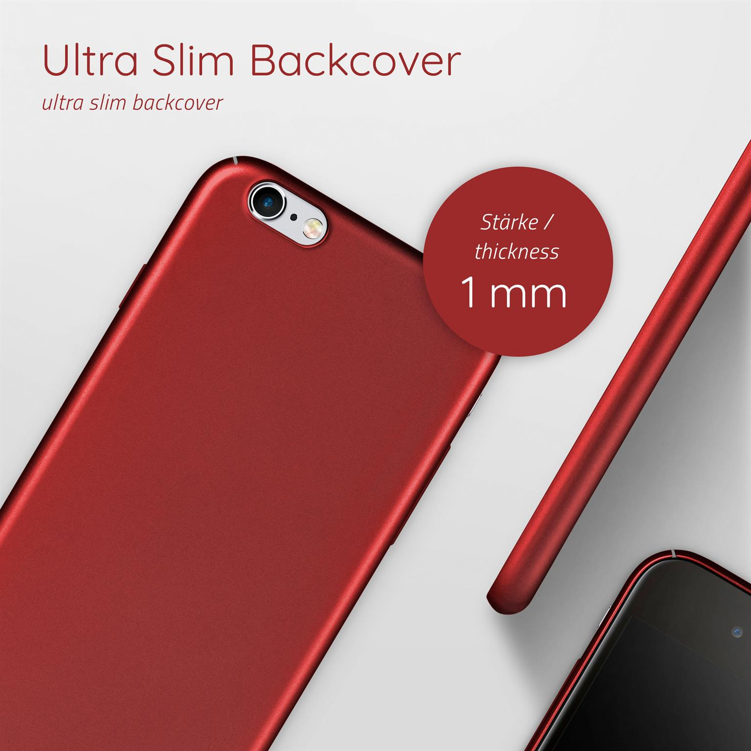Eine rote Handyhülle, die Dicke wird mit 1 mm angegeben, und ein Telefon ist teilweise sichtbar.