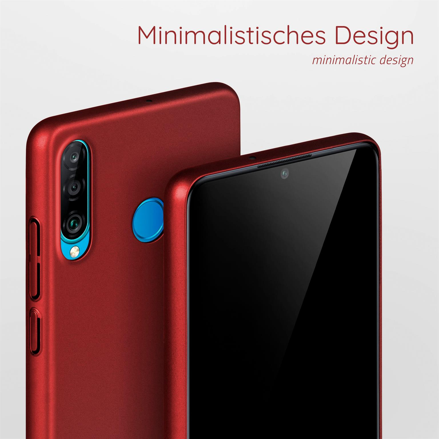 Zwei rote Handyhüllen, eine mit Kamera und Bildschirm, die andere mit der Rückseite.