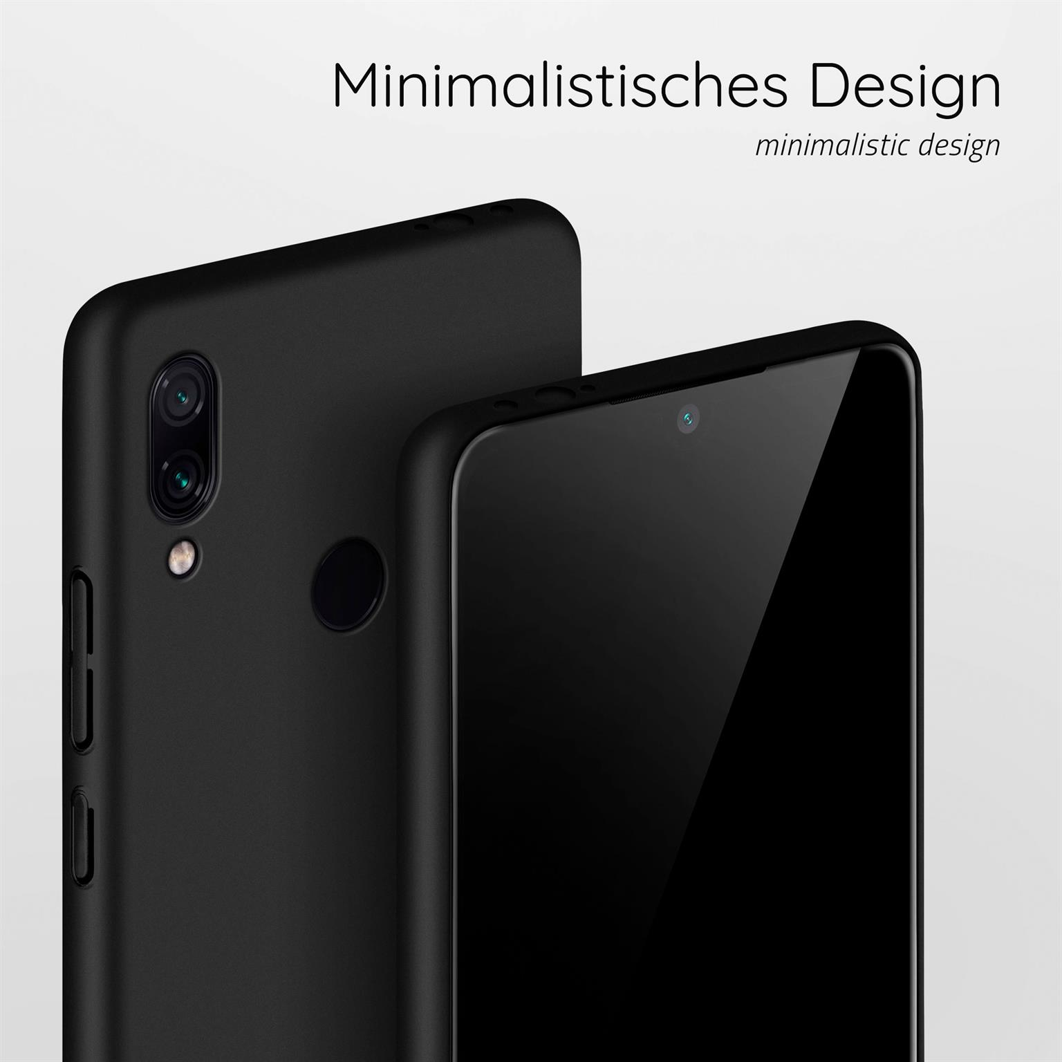 Zwei schwarze Telefone, eines vorne, eines hinten, auf hellem Hintergrund. Minimalistisches Design-Text oben.