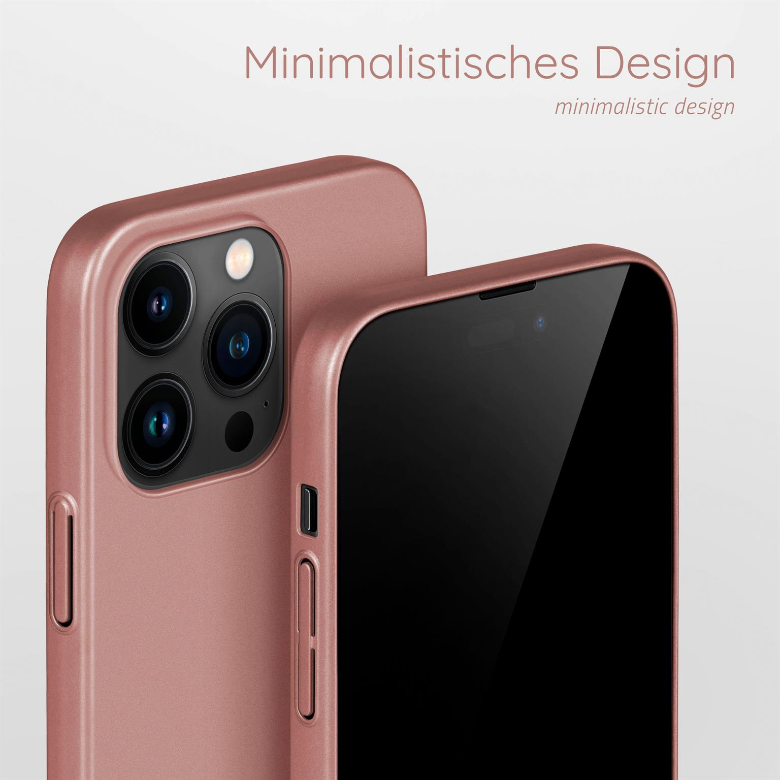 Nahaufnahme einer roségoldenen Handyhülle und eines Telefons. Minimalistisches Design Text.