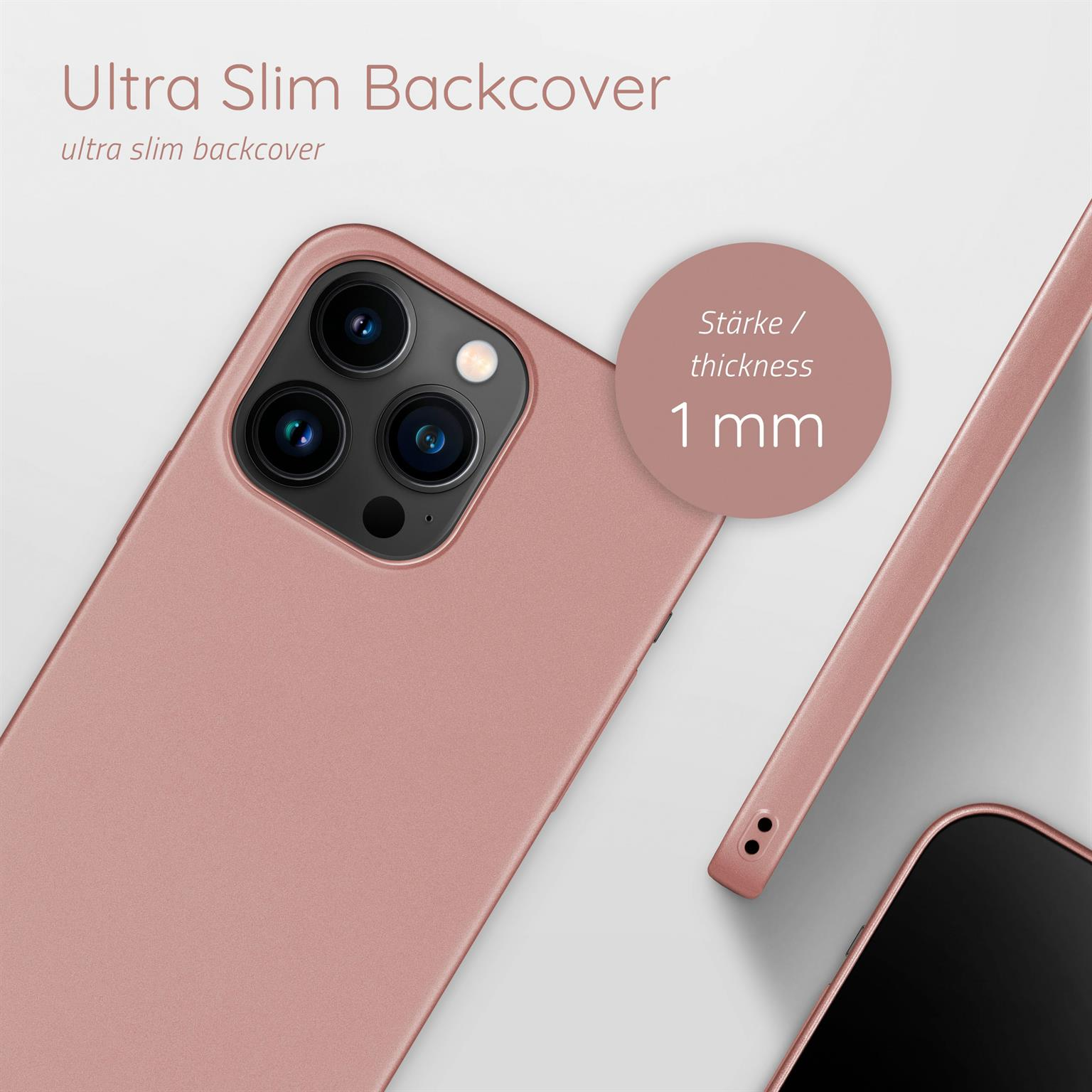 Rosa Handyhülle, 1 mm Dicke, auf weißer Oberfläche. Text: Ultra Slim Backcover.