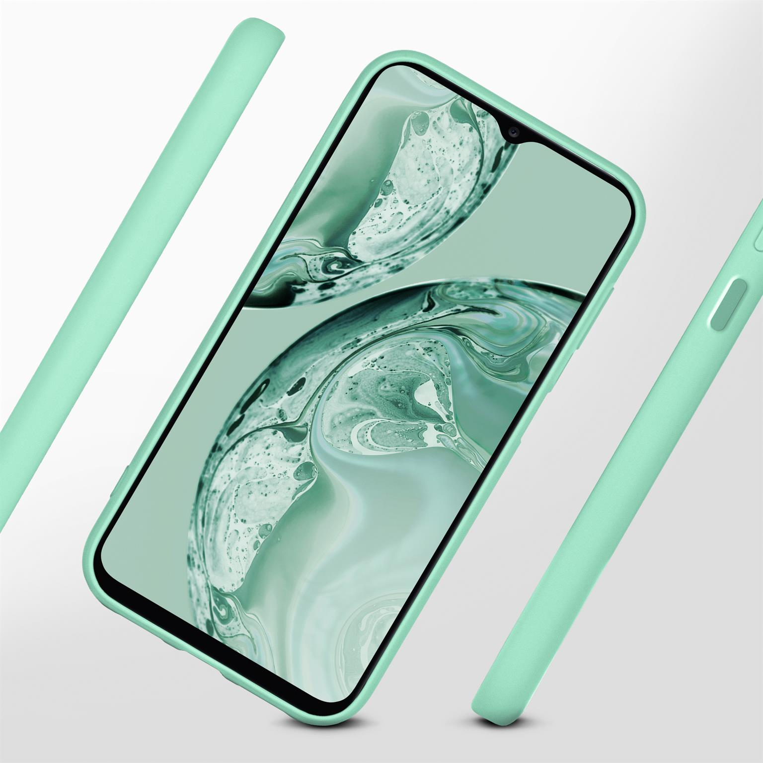 Minzgrüne Handyhülle mit Telefon. Drei abgewinkelte Teile, mit dem Telefon in der Mitte. Weißer Hintergrund.