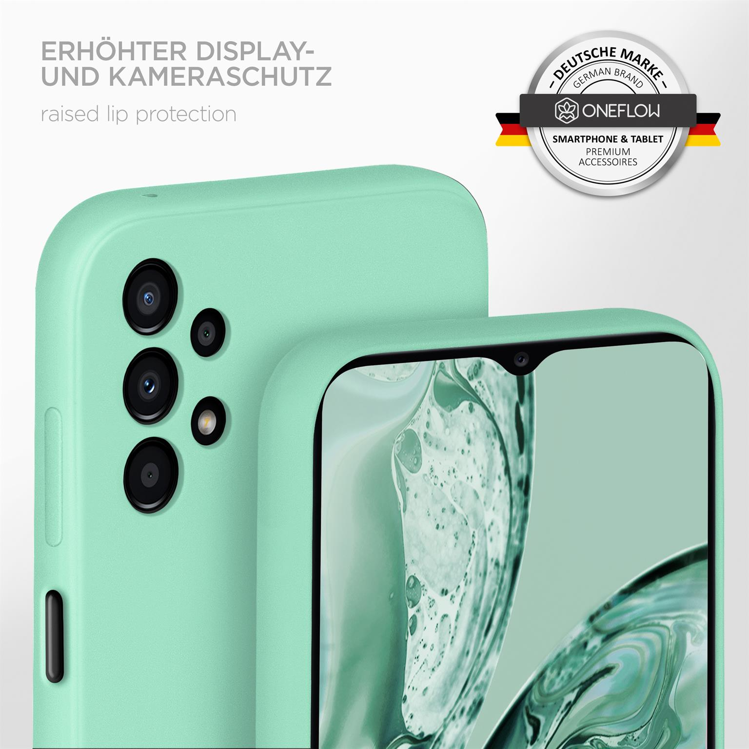 Eine mintgrüne Handyhülle mit einem Telefon darin. Die Hülle schützt das Telefon.