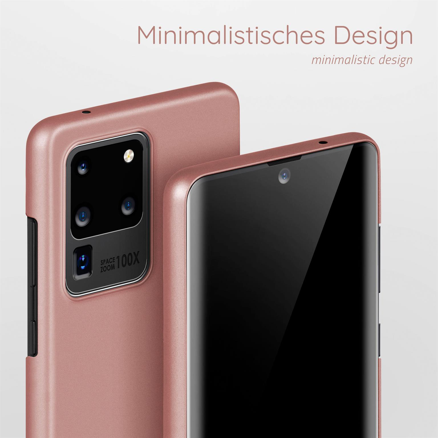 Zwei Telefone in roségoldenen Hüllen, eines mit Kameradetail, vor weißem Hintergrund.