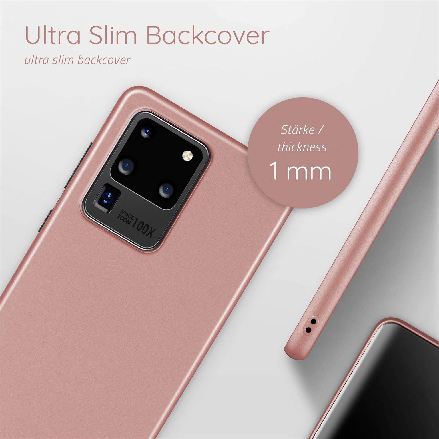 Nahaufnahme einer Handyhülle. Sie ist roségold und 1 mm dick. Im Hintergrund ist ein Telefon.