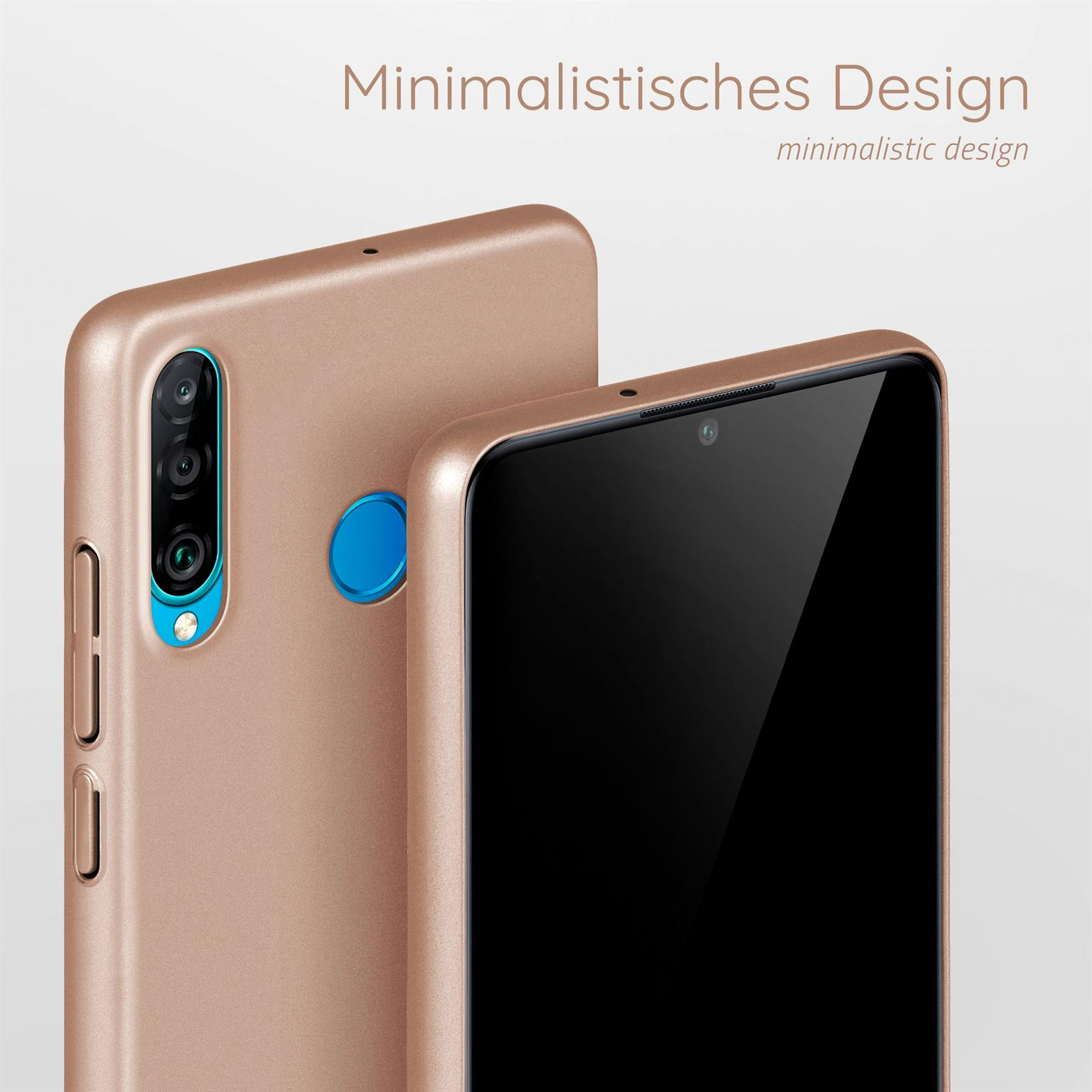 Zwei roségoldene Handyhüllen, eine mit sichtbarer Kamera, vor weißem Hintergrund.