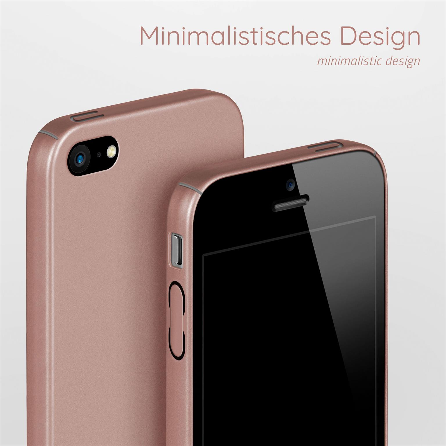 Zwei Telefone in roségoldenen Hüllen. Text: minimalistisches Design. Auf weißem Hintergrund.