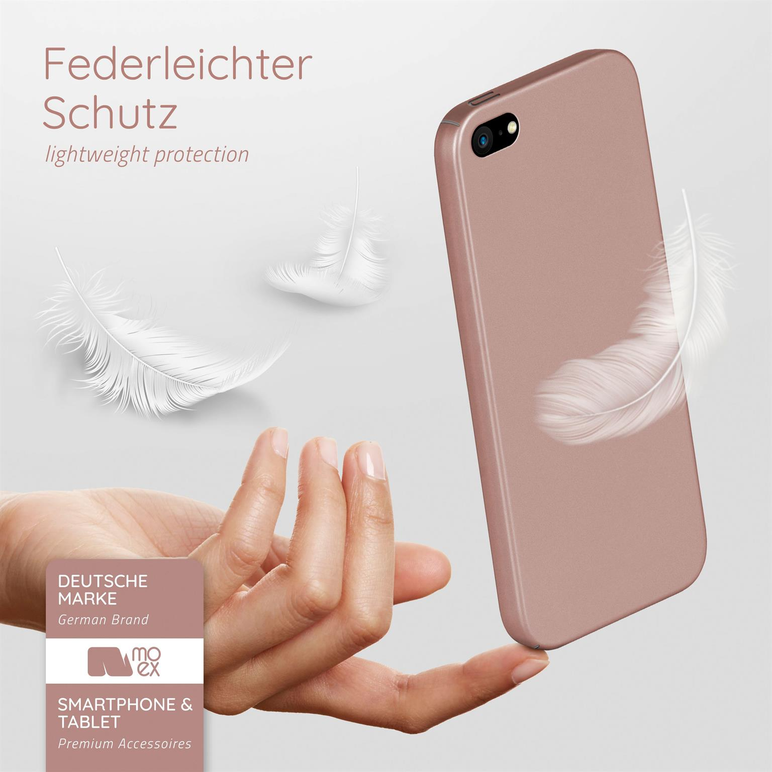 Eine Hand hält eine roségoldene Handyhülle. Weiße Federn schweben in der Luft, mit dem Schriftzug "leichtgewichtiger Schutz".