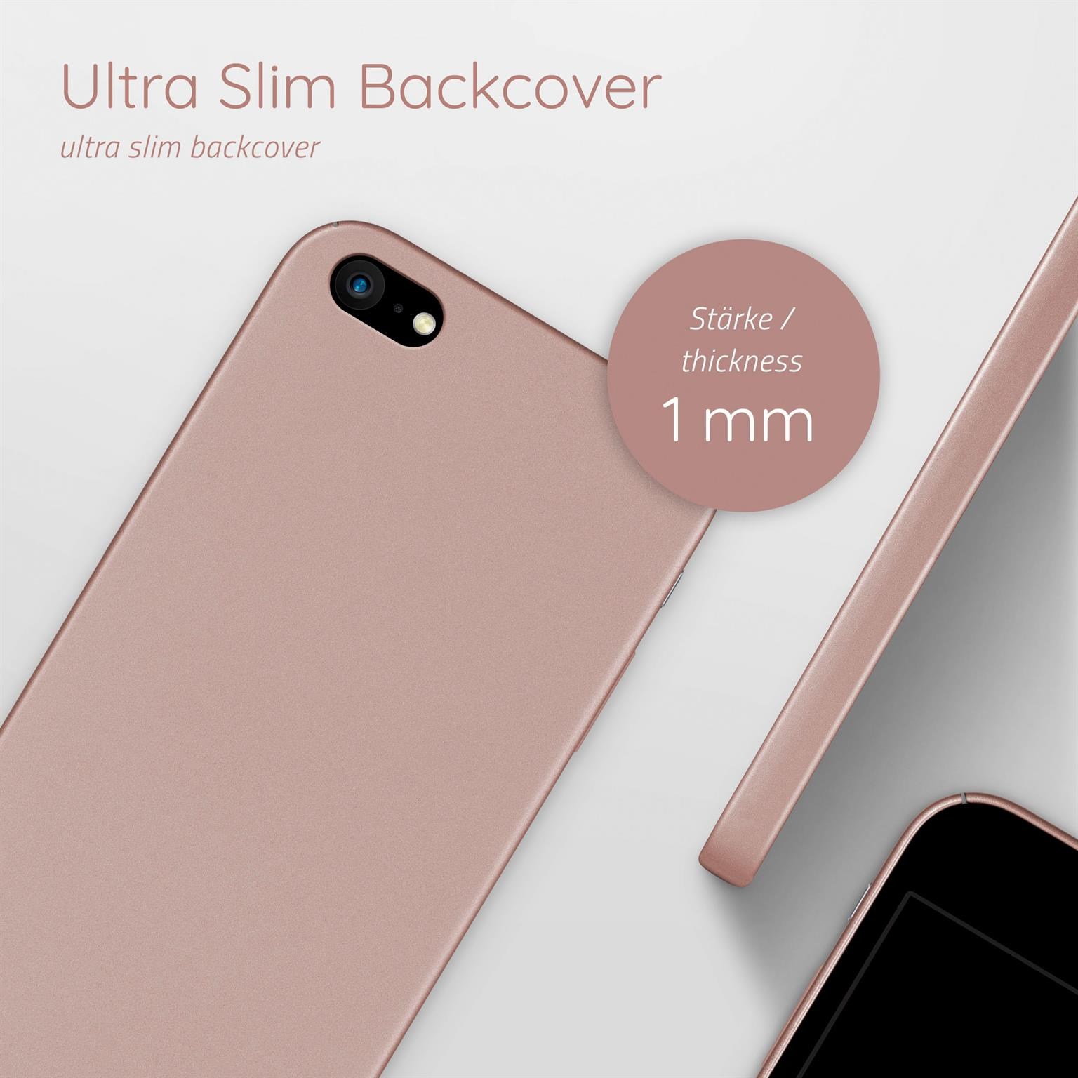 Ein roségoldenes Telefon mit Hülle, das die Rückseite und die 1 mm Dicke zeigt.