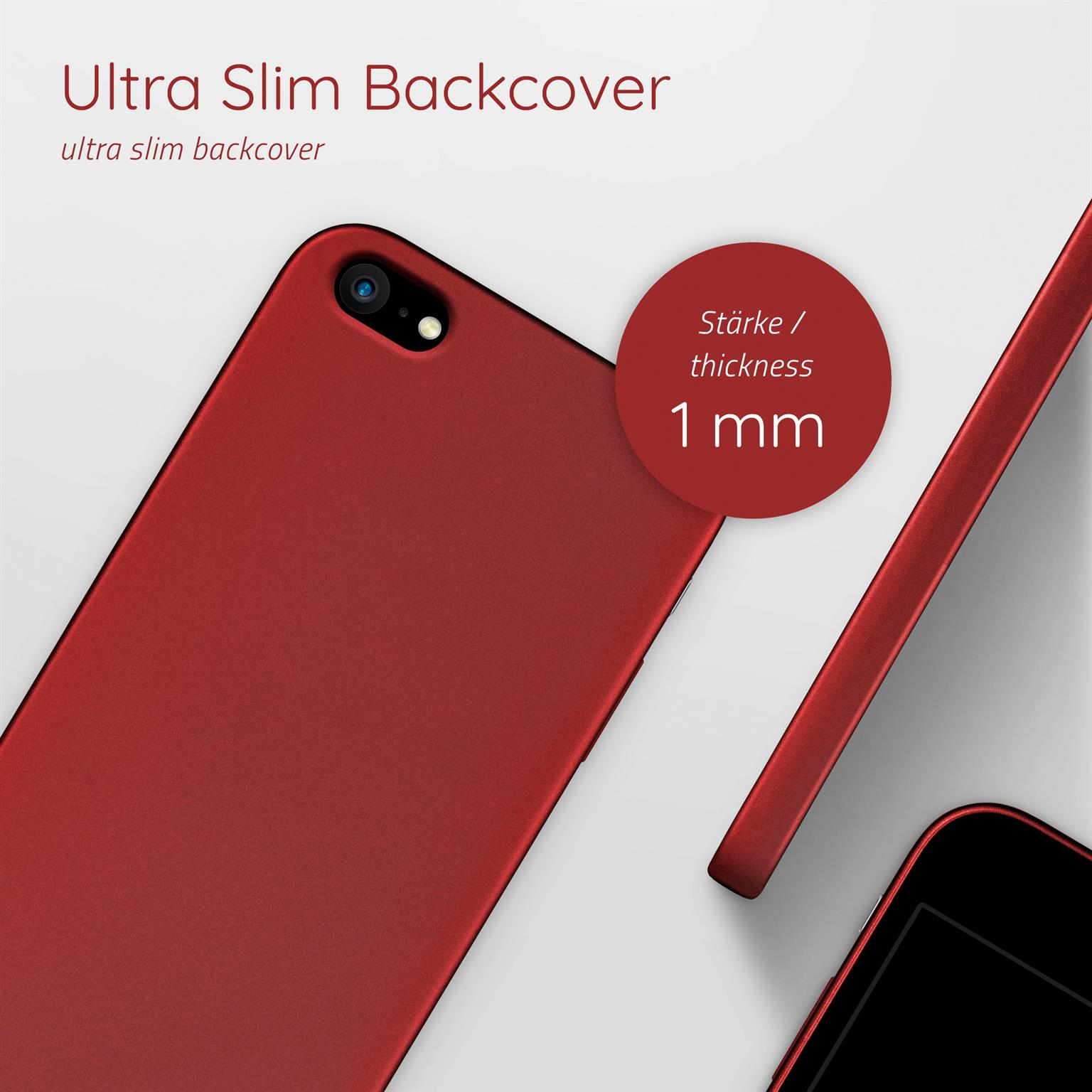 Rotes Telefon mit Hülle. Der Text lautet 'ultra dünne Rückseite' und '1 mm Dicke'.
