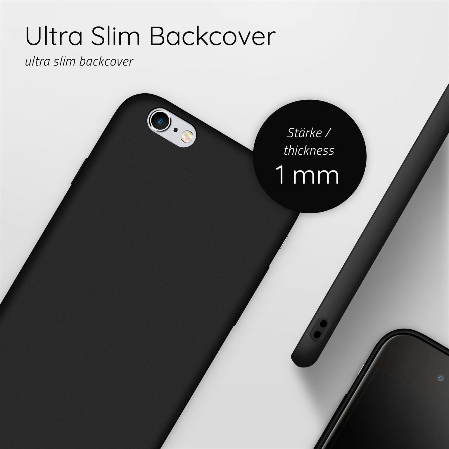 Schwarze Handyhülle mit weißem Hintergrund und Text 'Ultra Slim Backcover' und '1 mm'.