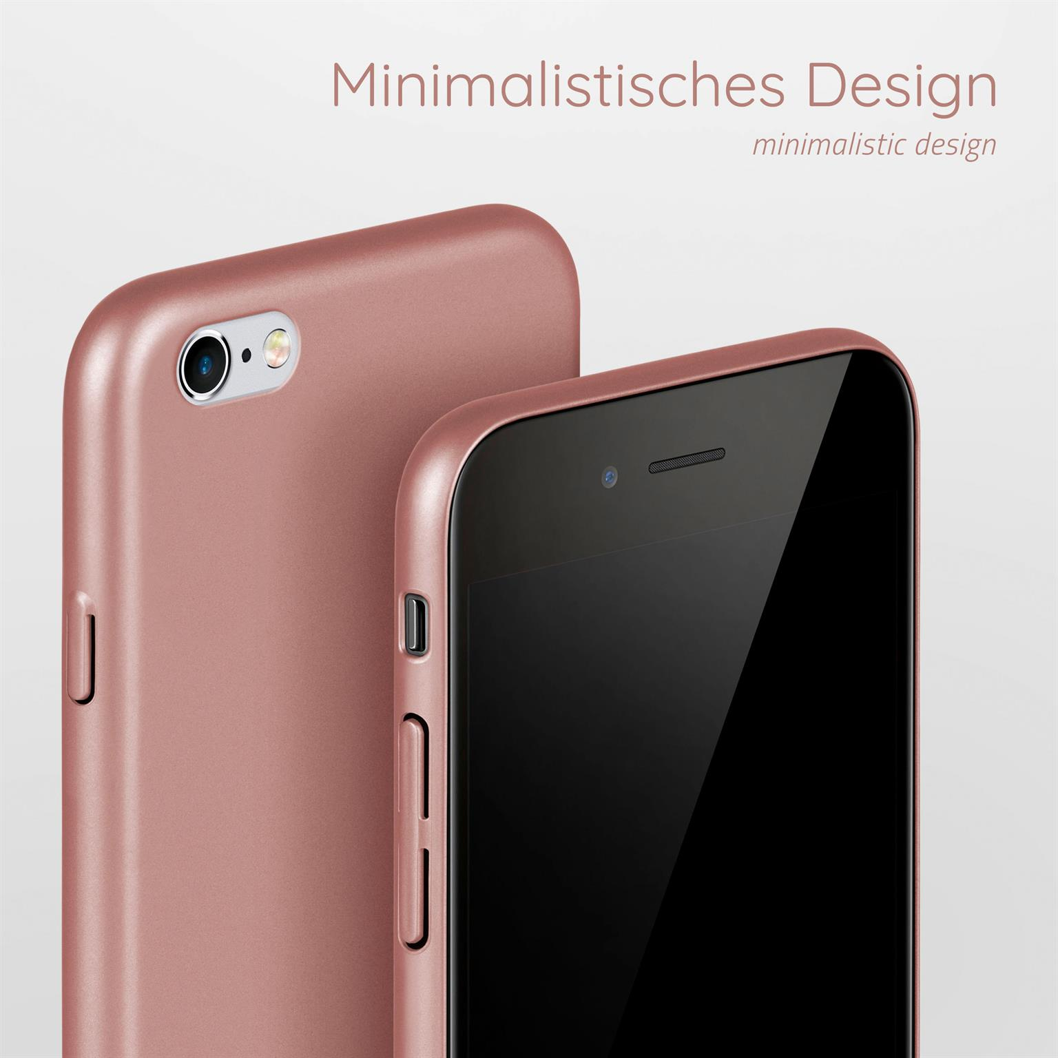 Zwei roségoldene Telefone. Eines zeigt Kamera und Seitentasten.