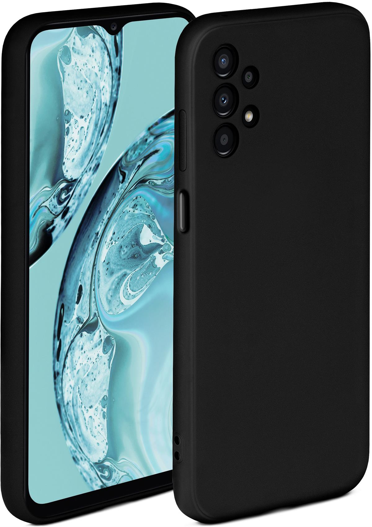 Schwarze Handyhülle neben einem Handy mit einem Wirbelhintergrund.