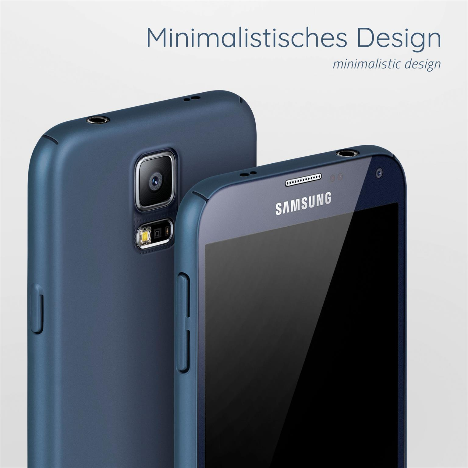 Zwei blaue Handyhüllen, eine mit Kamera, die andere mit Bildschirm. Das Wort 'SAMSUNG' ist sichtbar.