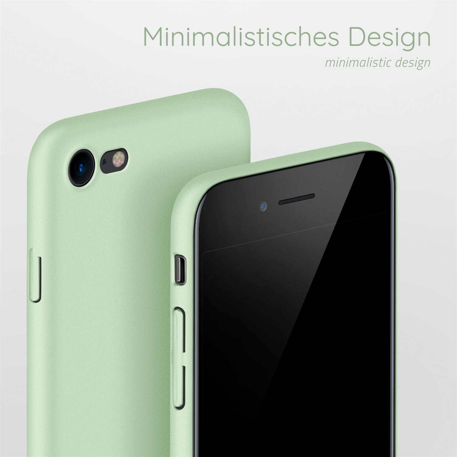 Grüne Handyhülle, Telefon rechts. Text: Minimalistisches Design.