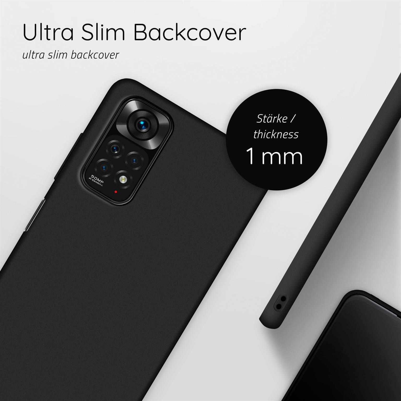 Schwarzes Telefon mit schwarzer Hülle. Die Hülle ist 1 mm dick. Es gibt einen weißen Hintergrund.