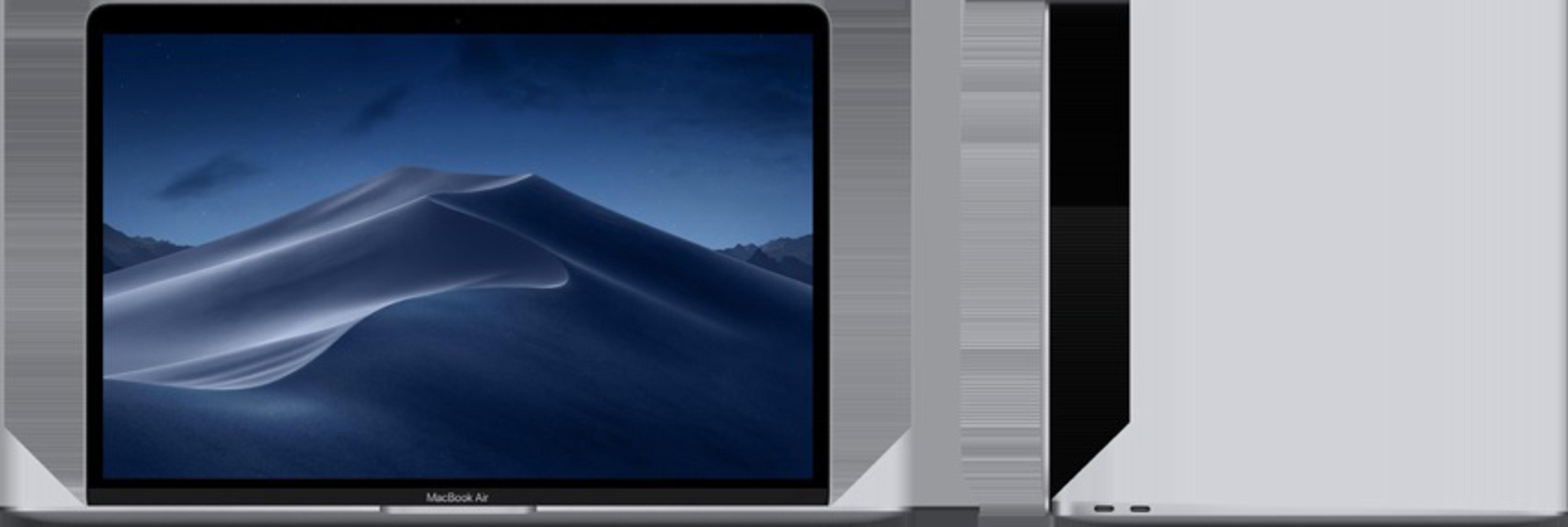 Laptop na stole. Ekran pokazuje pustynny krajobraz. Tekst: Macbook Air.