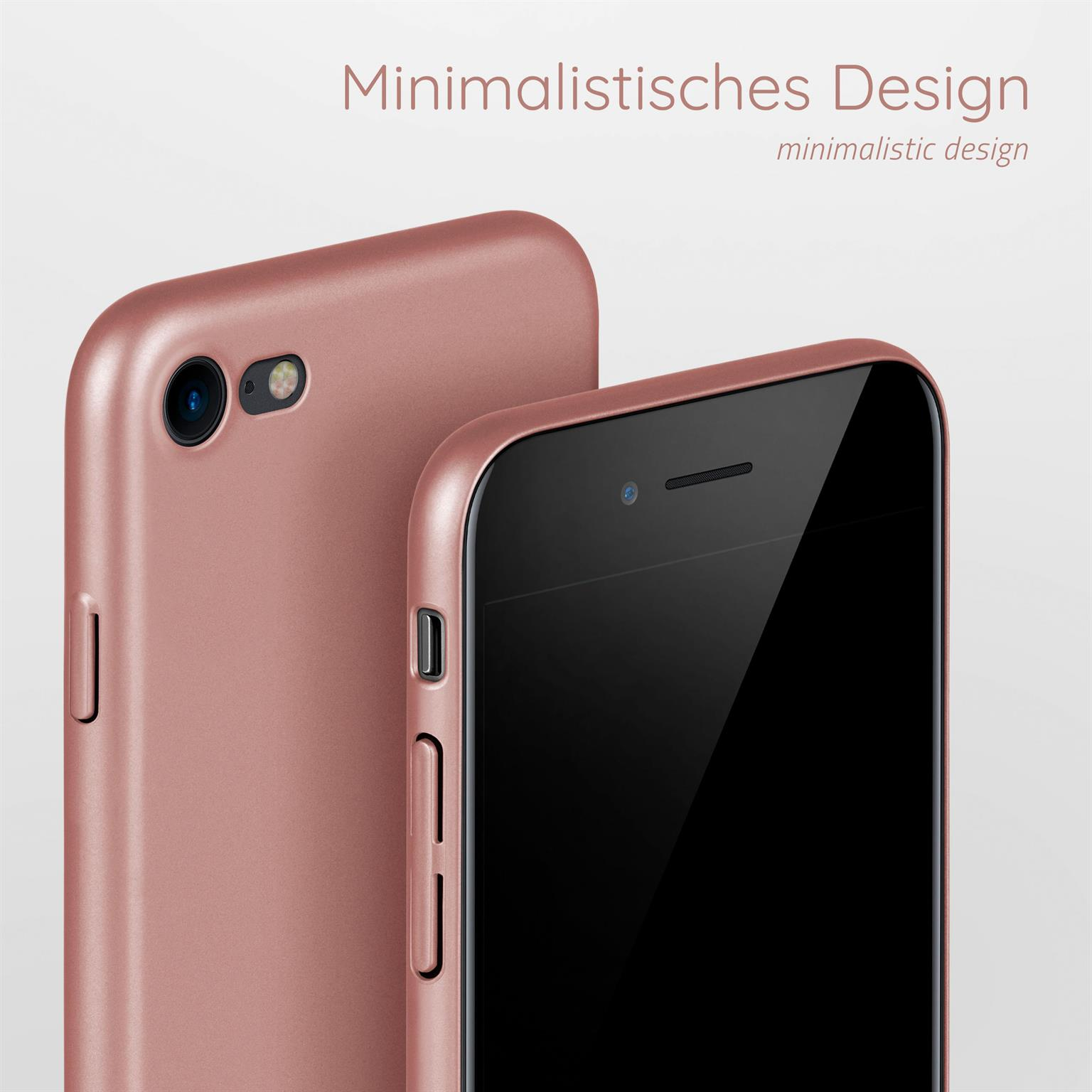 Zwei roségoldene Handyhüllen. Text: Minimalistisches Design.