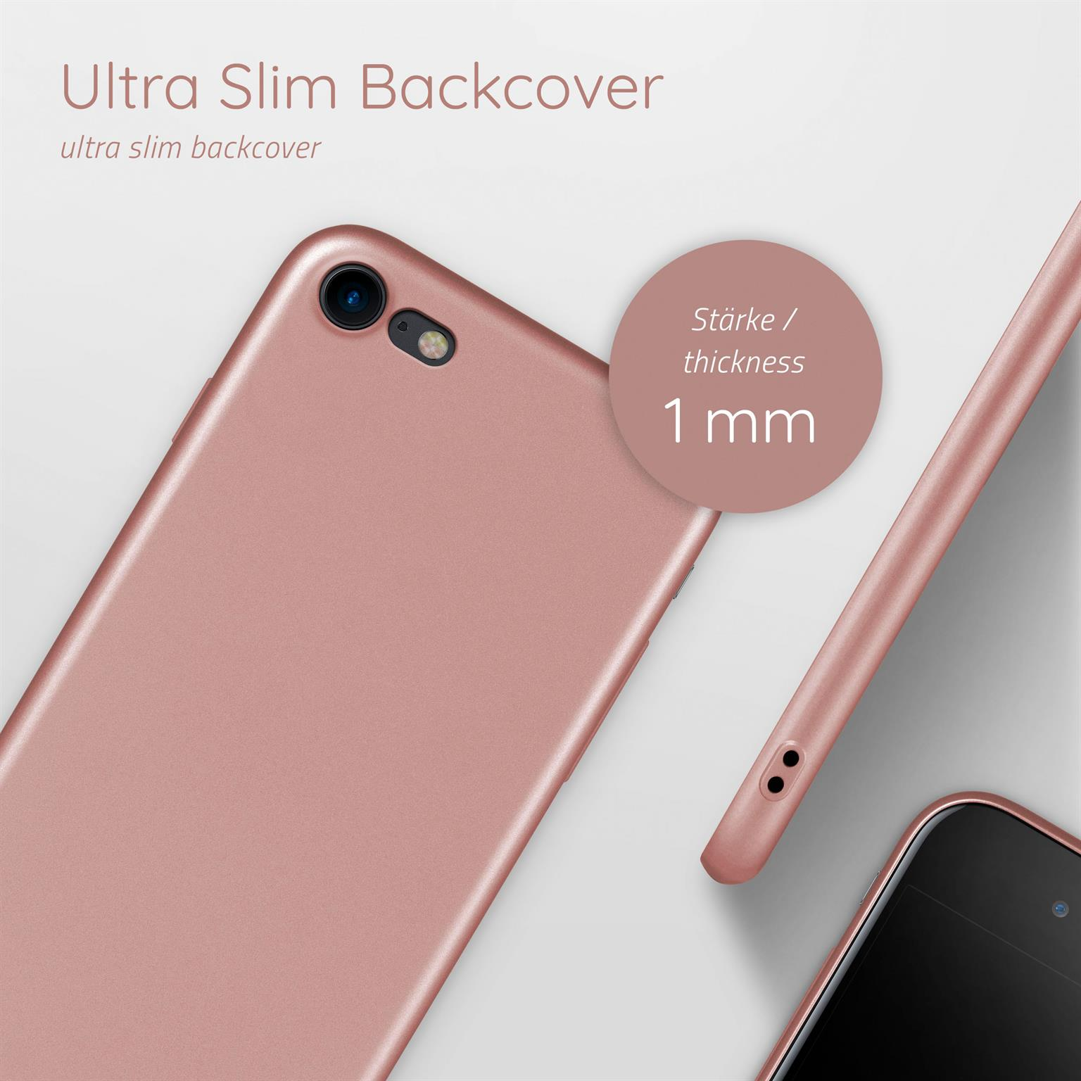 Roségoldfarbene Handyhülle auf einem Handy. Die Dicke beträgt 1 mm. Ultra schlanke Rückseite.