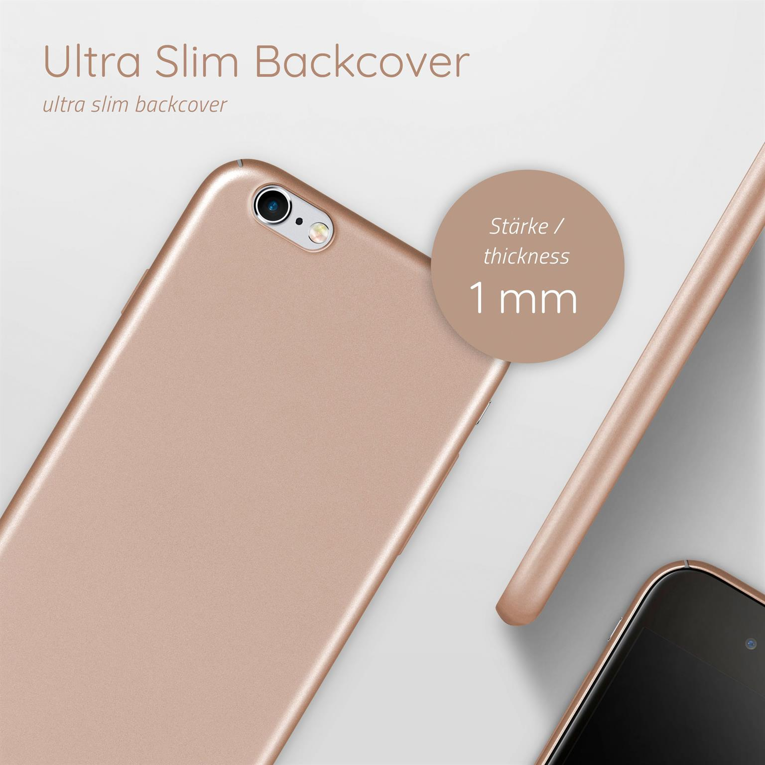 Nahaufnahme einer roségoldenen Handyhülle und eines Telefons, mit einem Messetikett von 1 mm Dicke.
