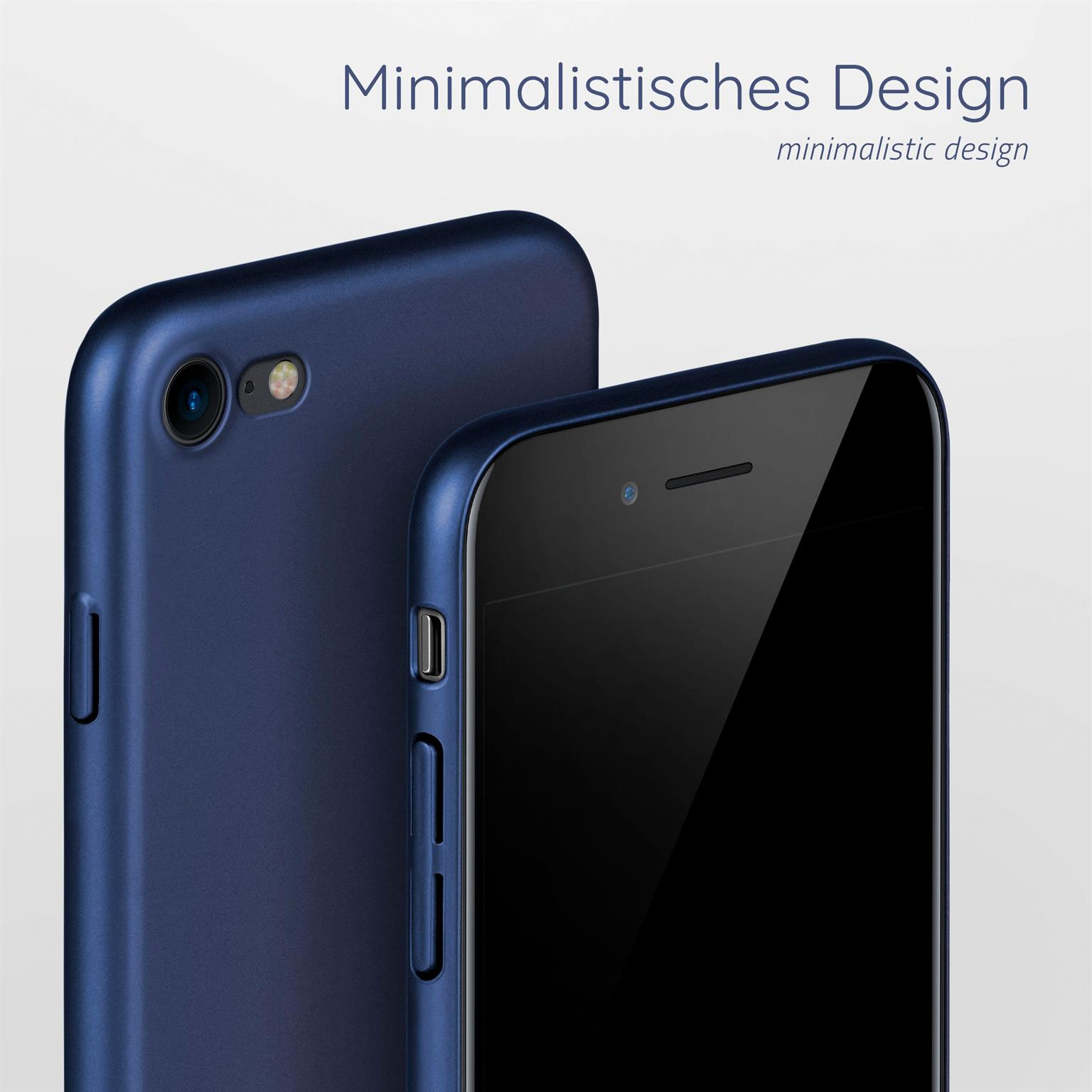 Zwei blaue Telefone, Nahaufnahme. Eines ist fokussiert, zeigt die Kamera. Weißer Hintergrund.